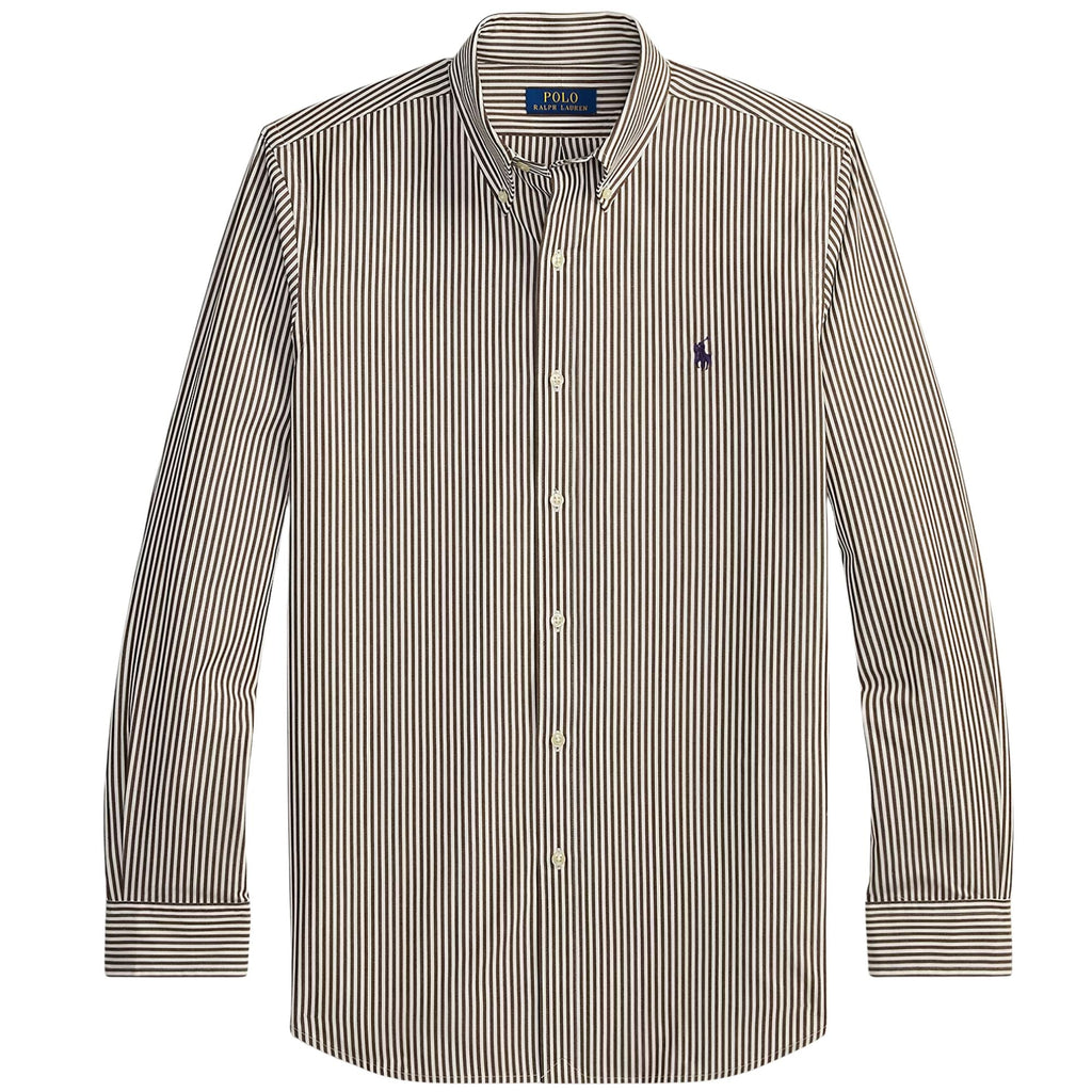 Polo Ralph Lauren Custom Fit Striped Stretch Poplin Shirt - Nutmeg Brown/White