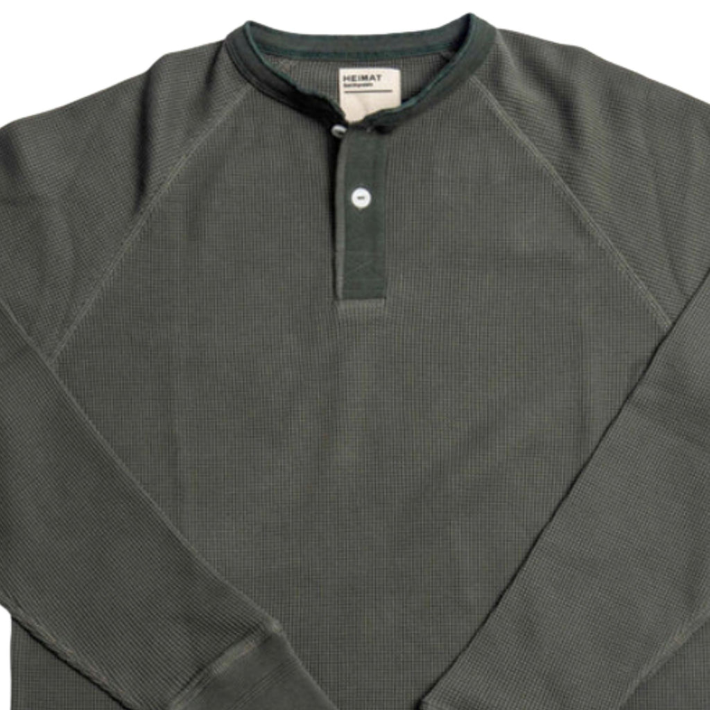 Heimat Henley Cotton Waffle Henley Polo - Military Green