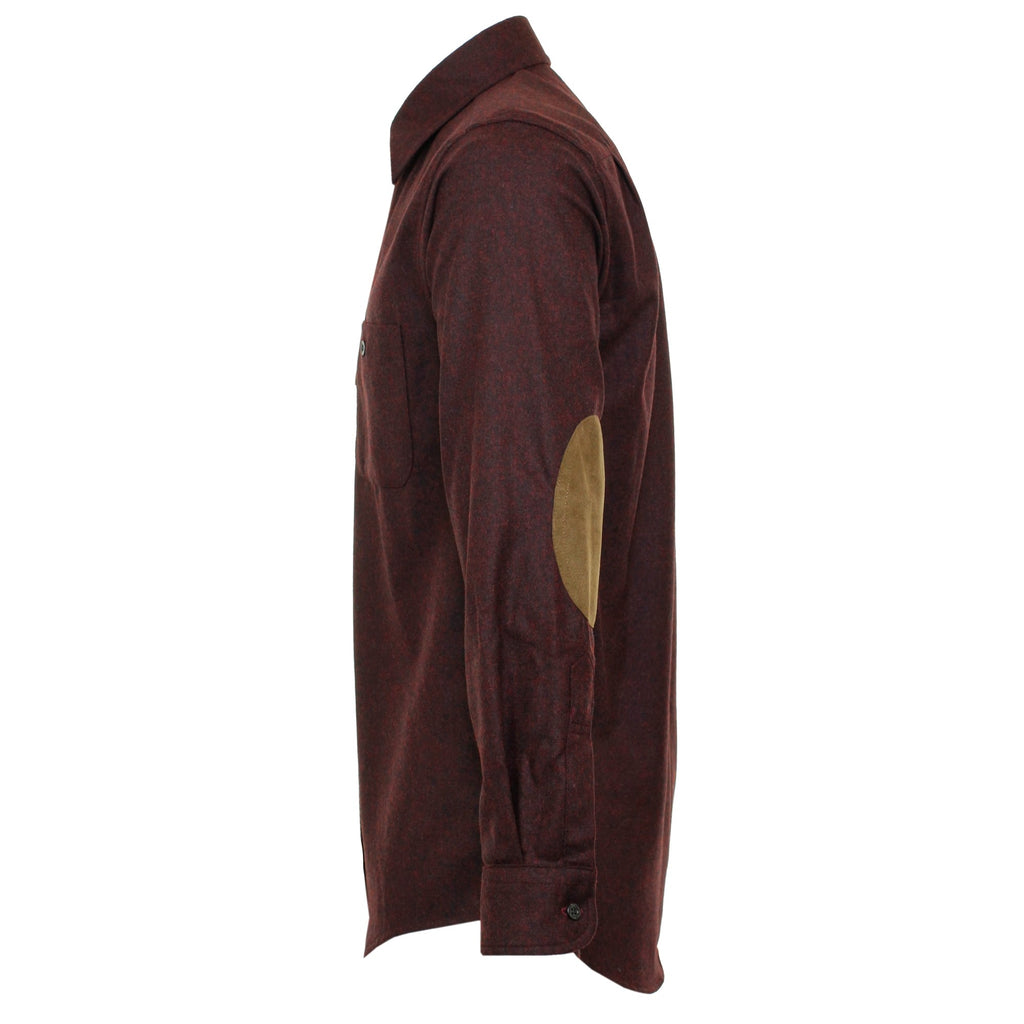 A side view of the dark red long-sleeved shirt, showing the brown elbow patch clearly.