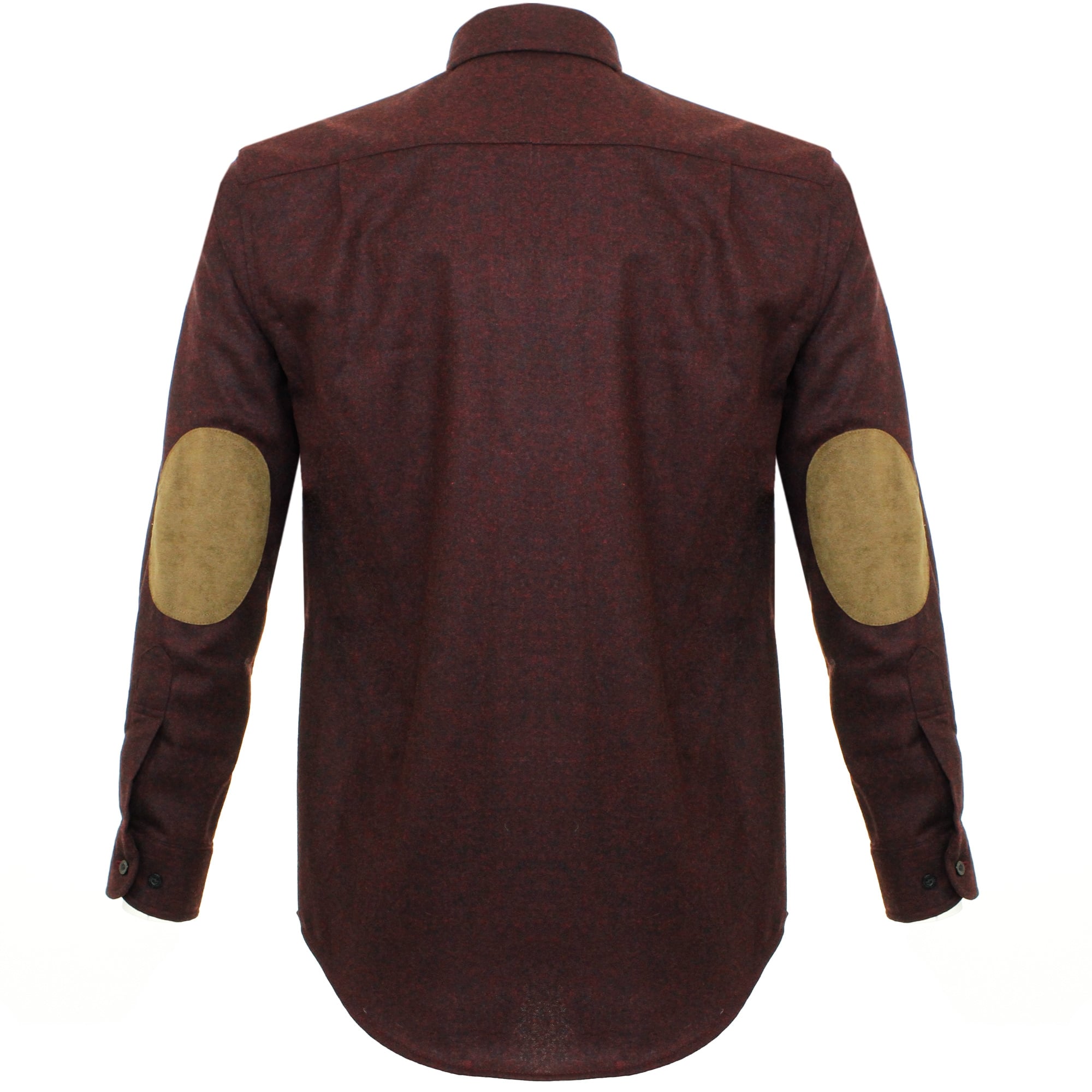 A full-back view of the dark red long-sleeved shirt, displaying both brown elbow patches.