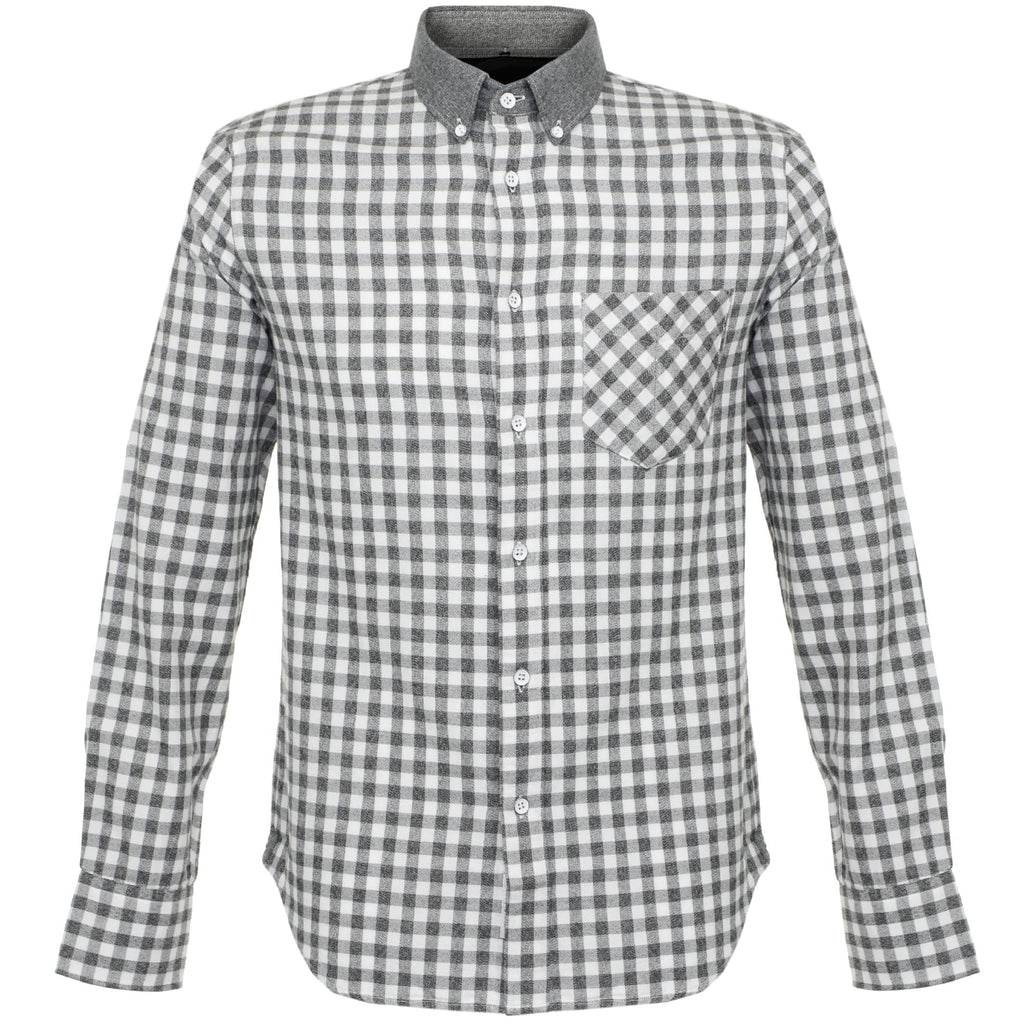Front view of a men's long-sleeved grey and white gingham shirt with a dark grey collar.