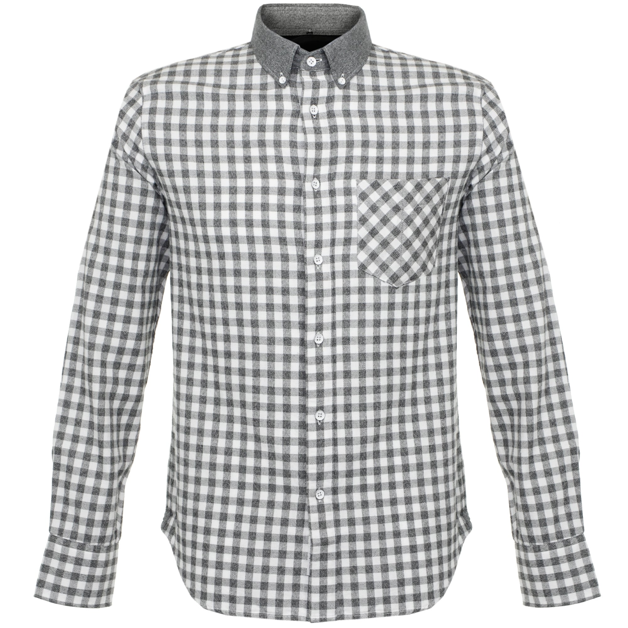 Front view of a men's long-sleeved grey and white gingham shirt with a dark grey collar.