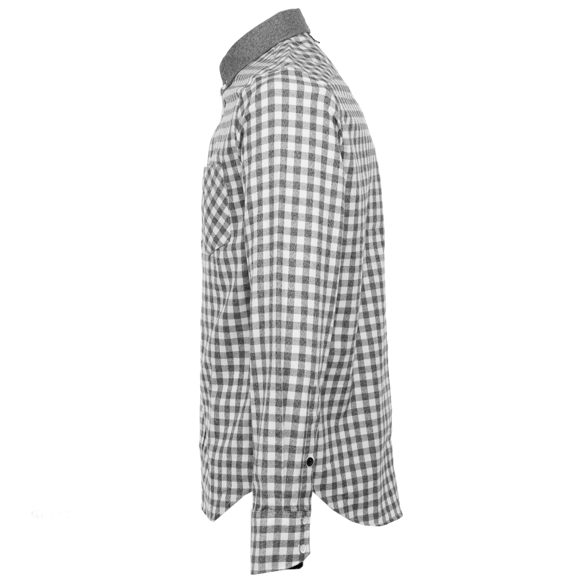 Side view of a men's long-sleeved grey and white gingham shirt with a dark grey collar.
