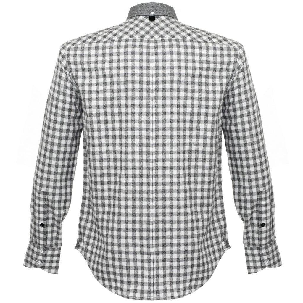 Back view of a men's long-sleeved grey and white gingham shirt with a dark grey collar.