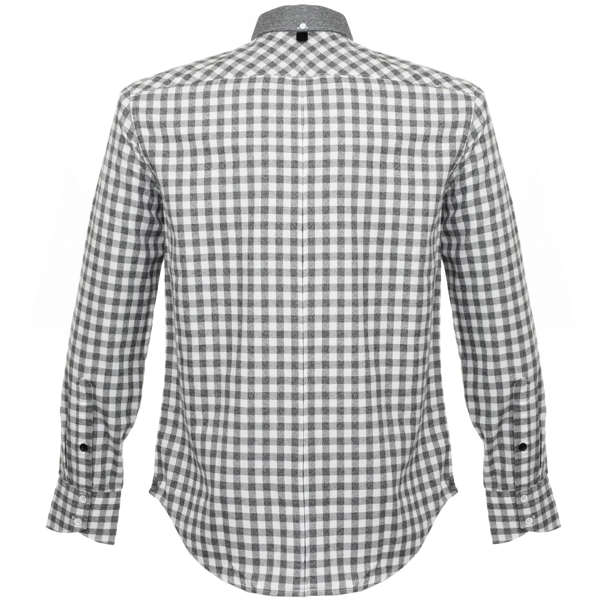 Back view of a men's long-sleeved grey and white gingham shirt with a dark grey collar.