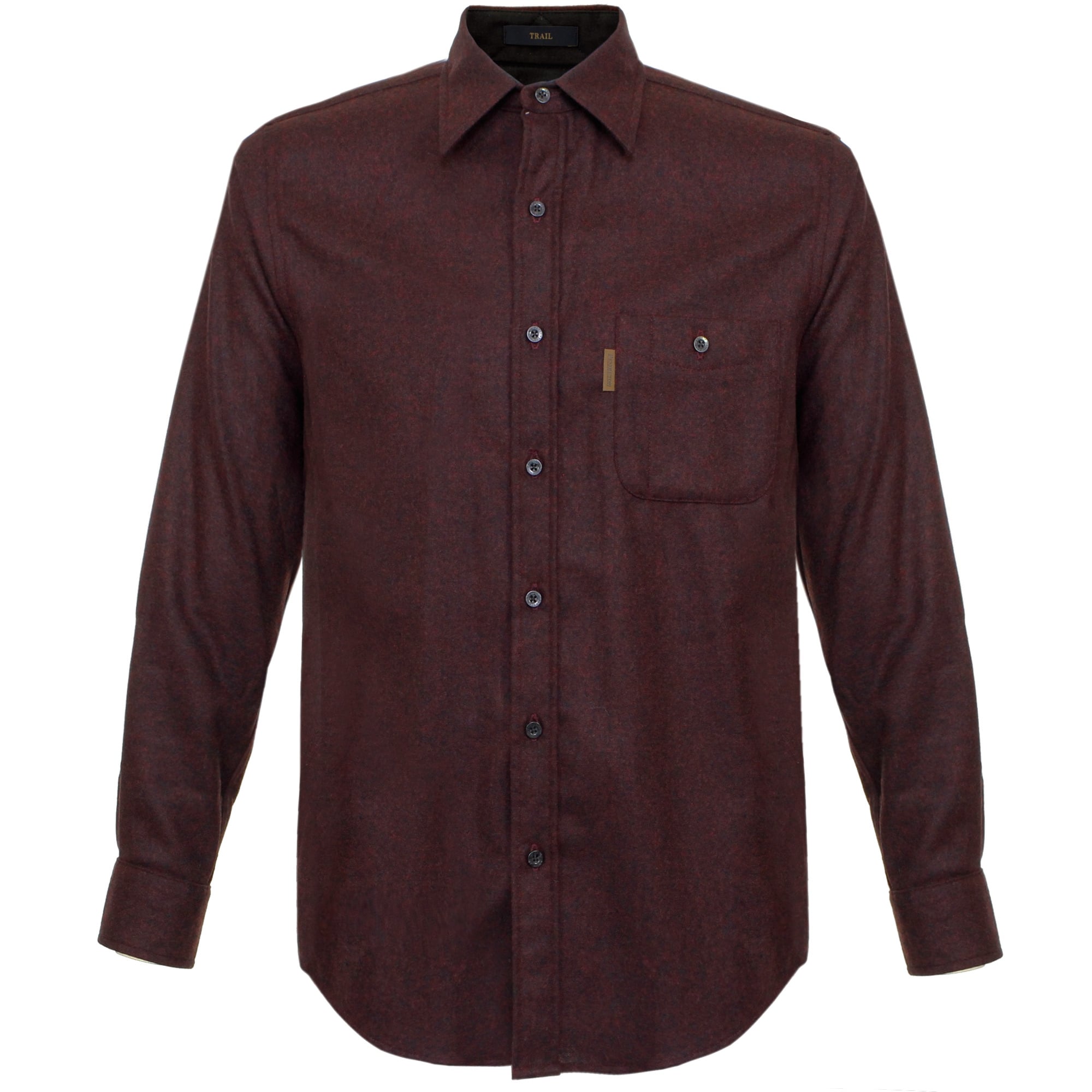 A full-front view of a long-sleeved dark red collared shirt with a breast pocket.