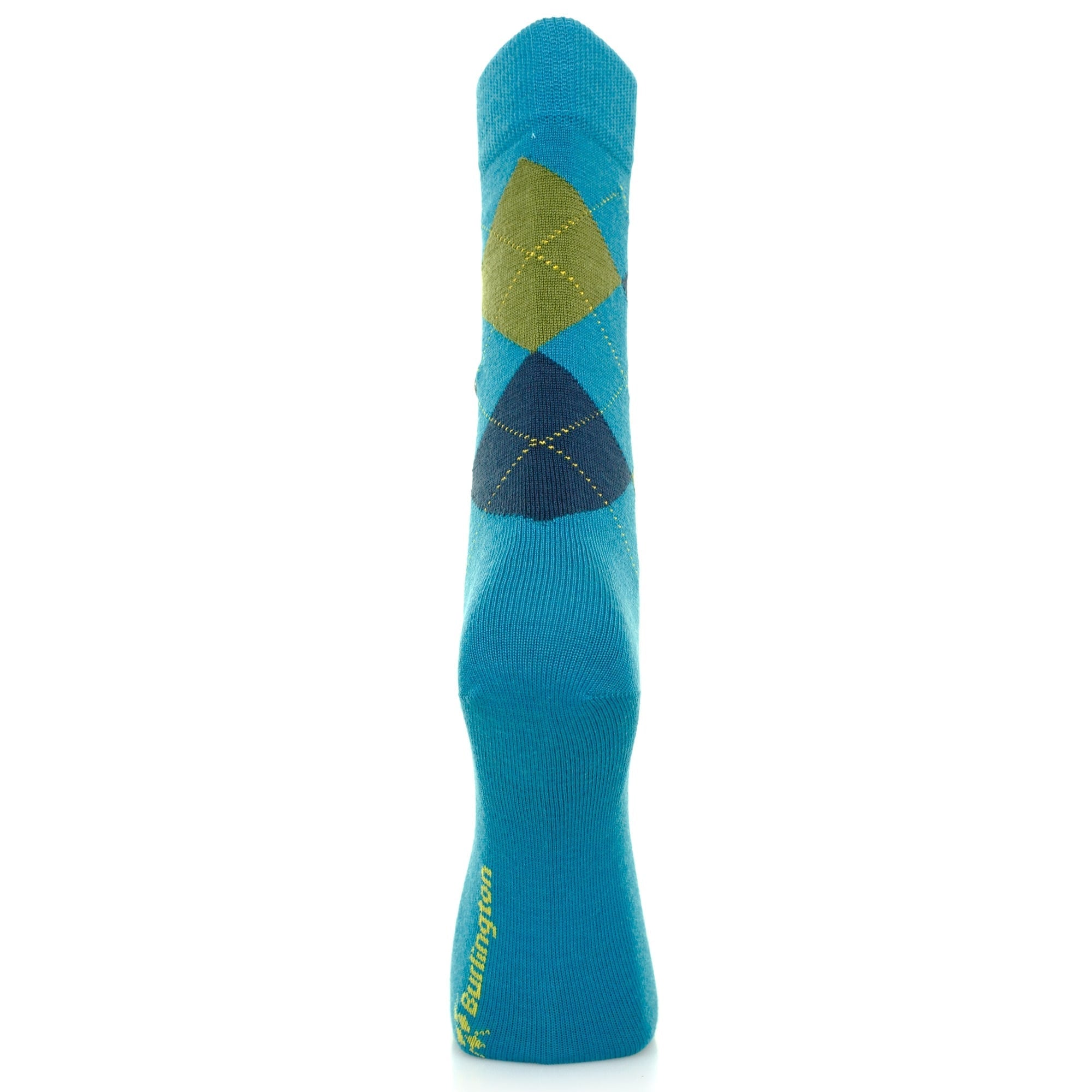 The back view of a blue argyle sock, showing the diamond pattern and brand logo.