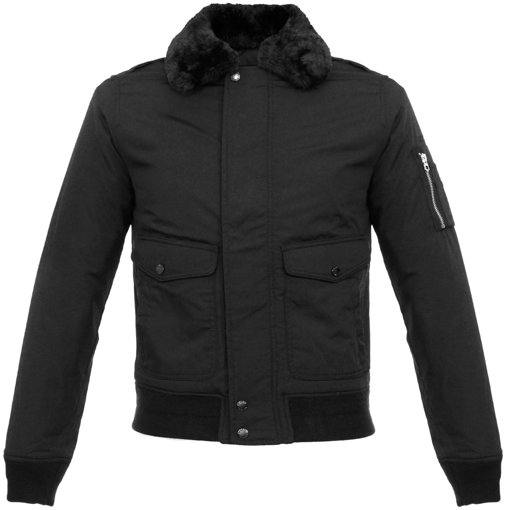 A black bomber jacket with a fur collar, front view.