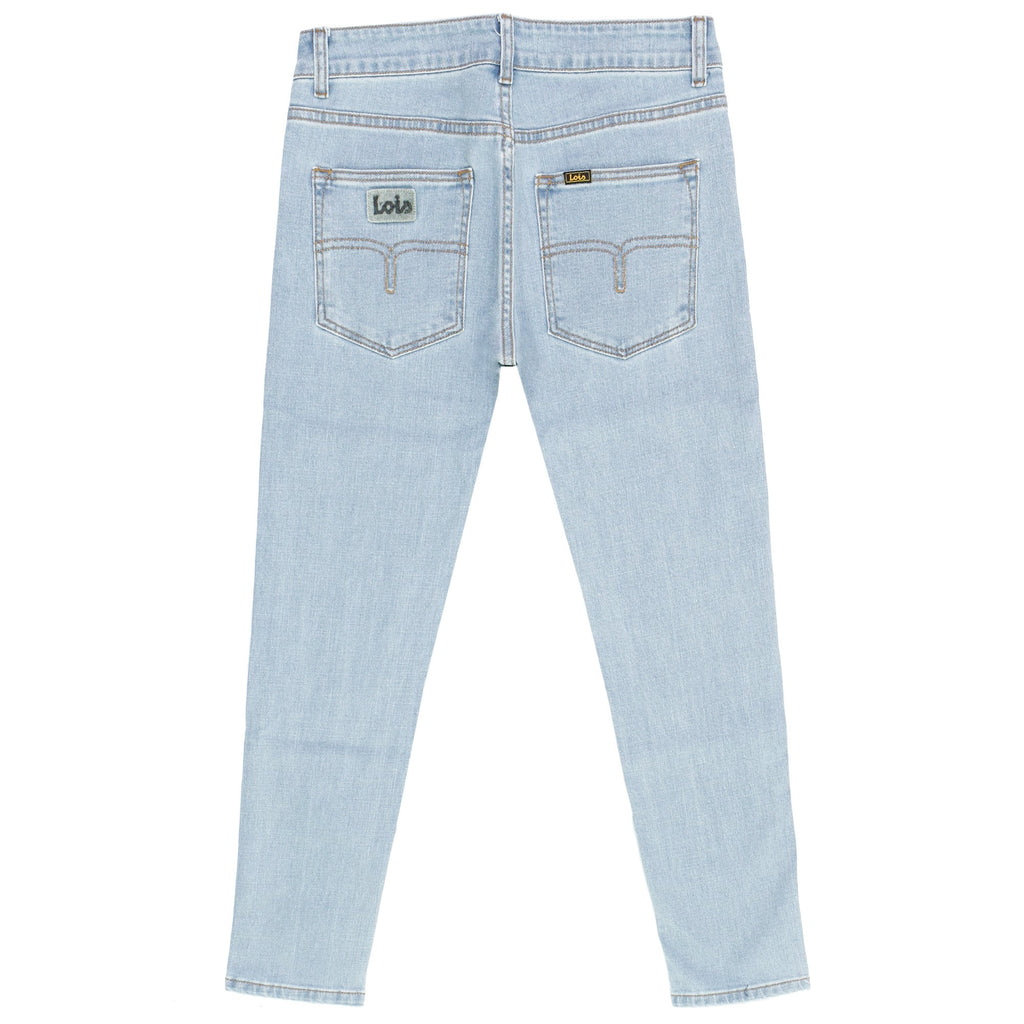 Rear view of light blue denim jeans, showcasing the classic pocket design and branding.