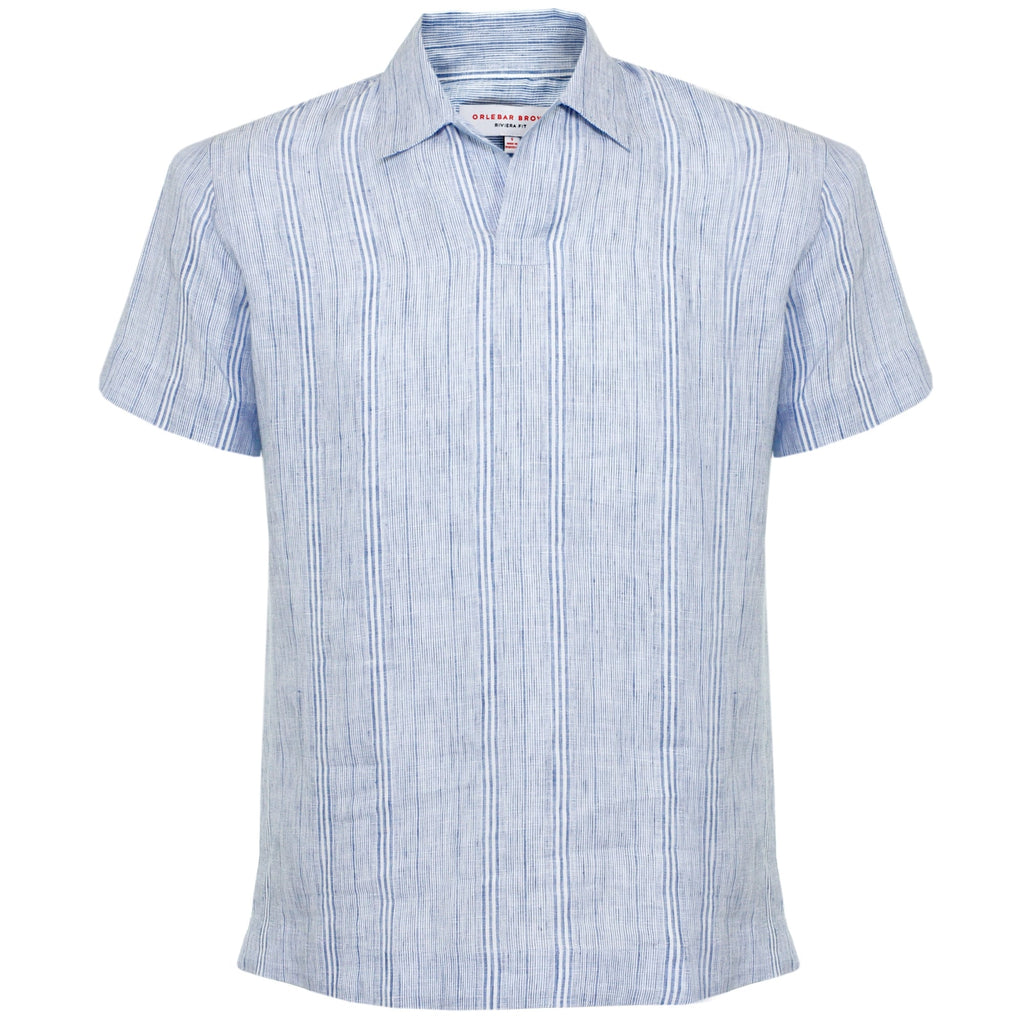 Front view of a light blue and white striped linen short-sleeved shirt.
