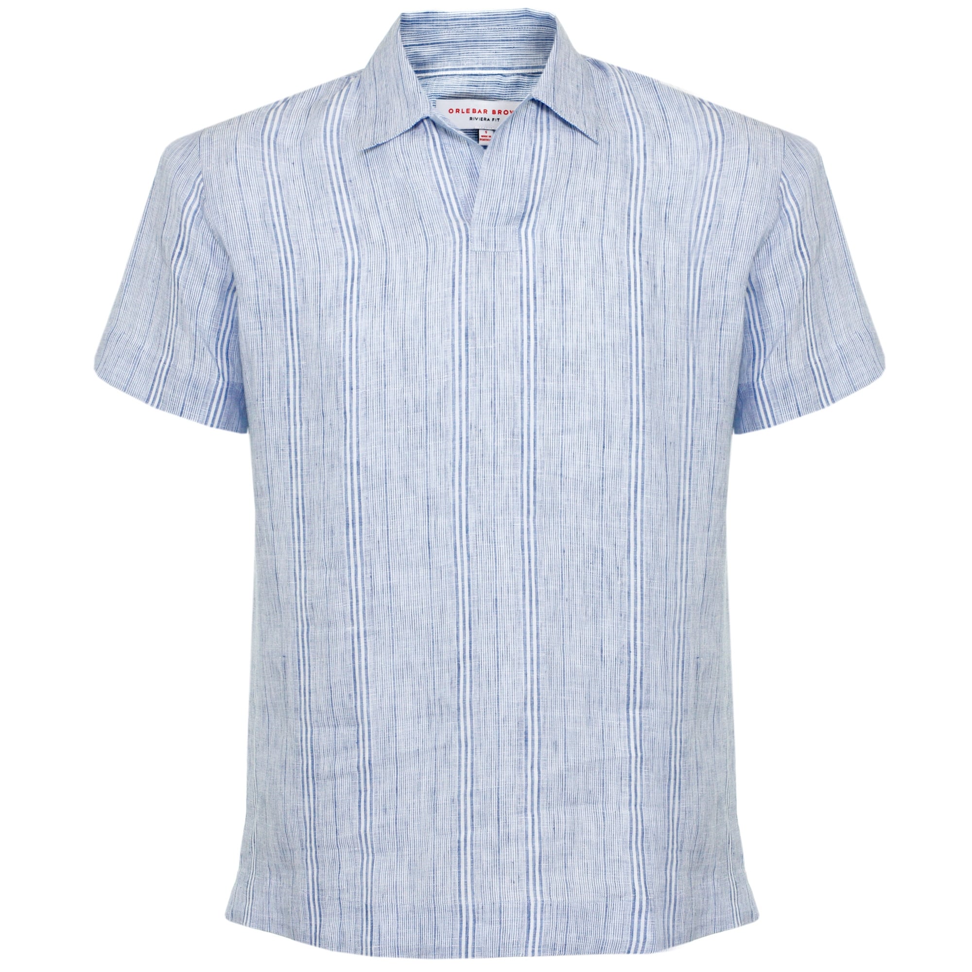 Front view of a light blue and white striped linen short-sleeved shirt.