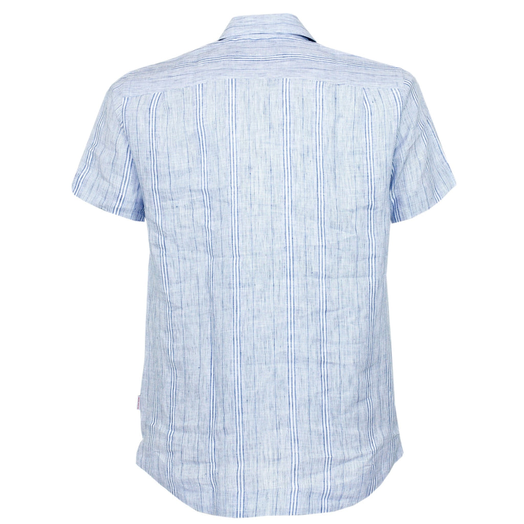 Rear view of a light blue and white striped linen short-sleeved shirt.