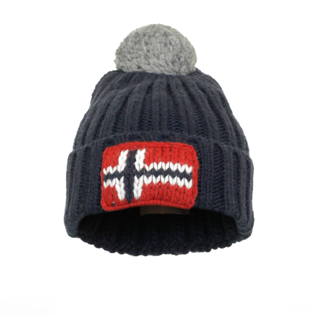 Dark blue knitted bobble hat with a Norwegian flag emblem on the front.