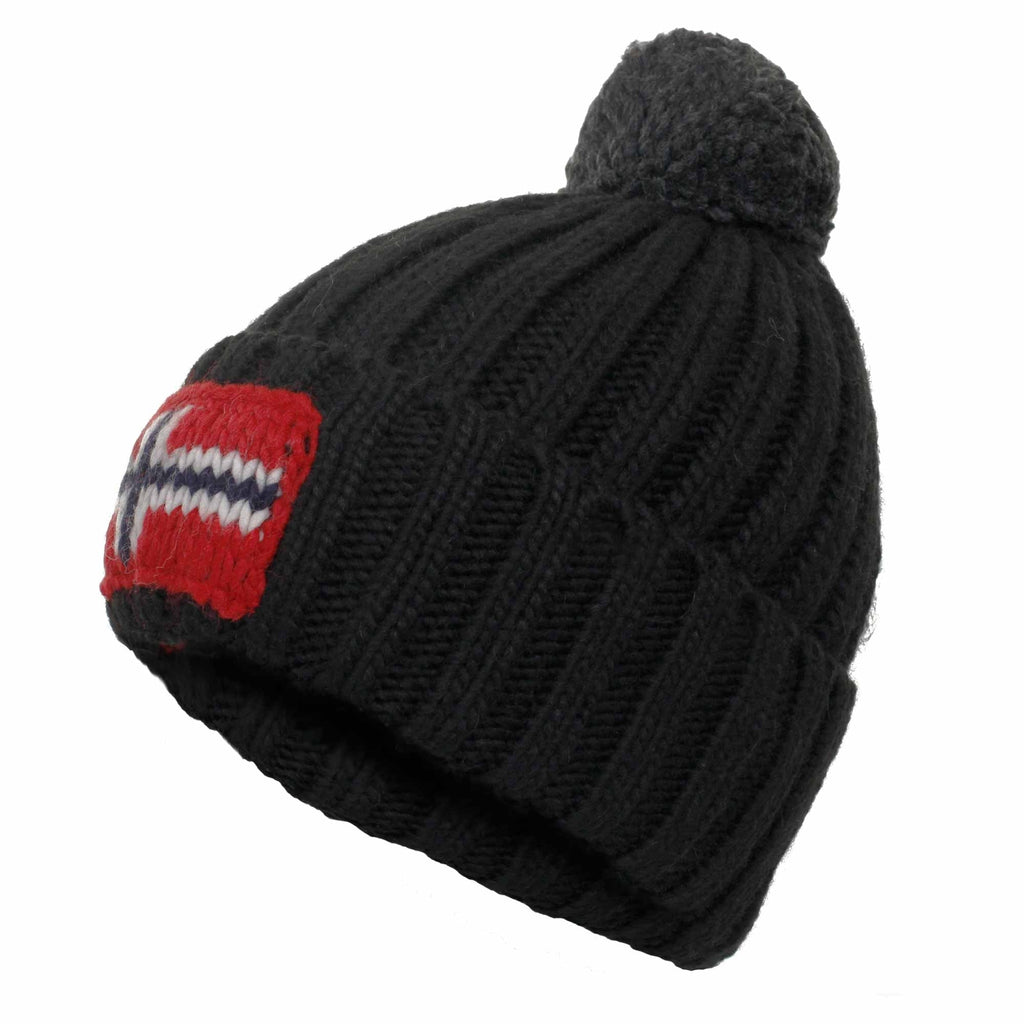 A black knitted bobble hat with a Norwegian flag patch, angled slightly to the left.