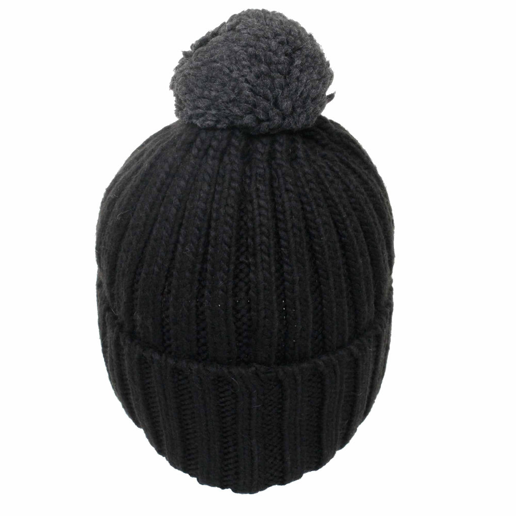 A black knitted bobble hat with a dark grey pom-pom, shown from directly above.