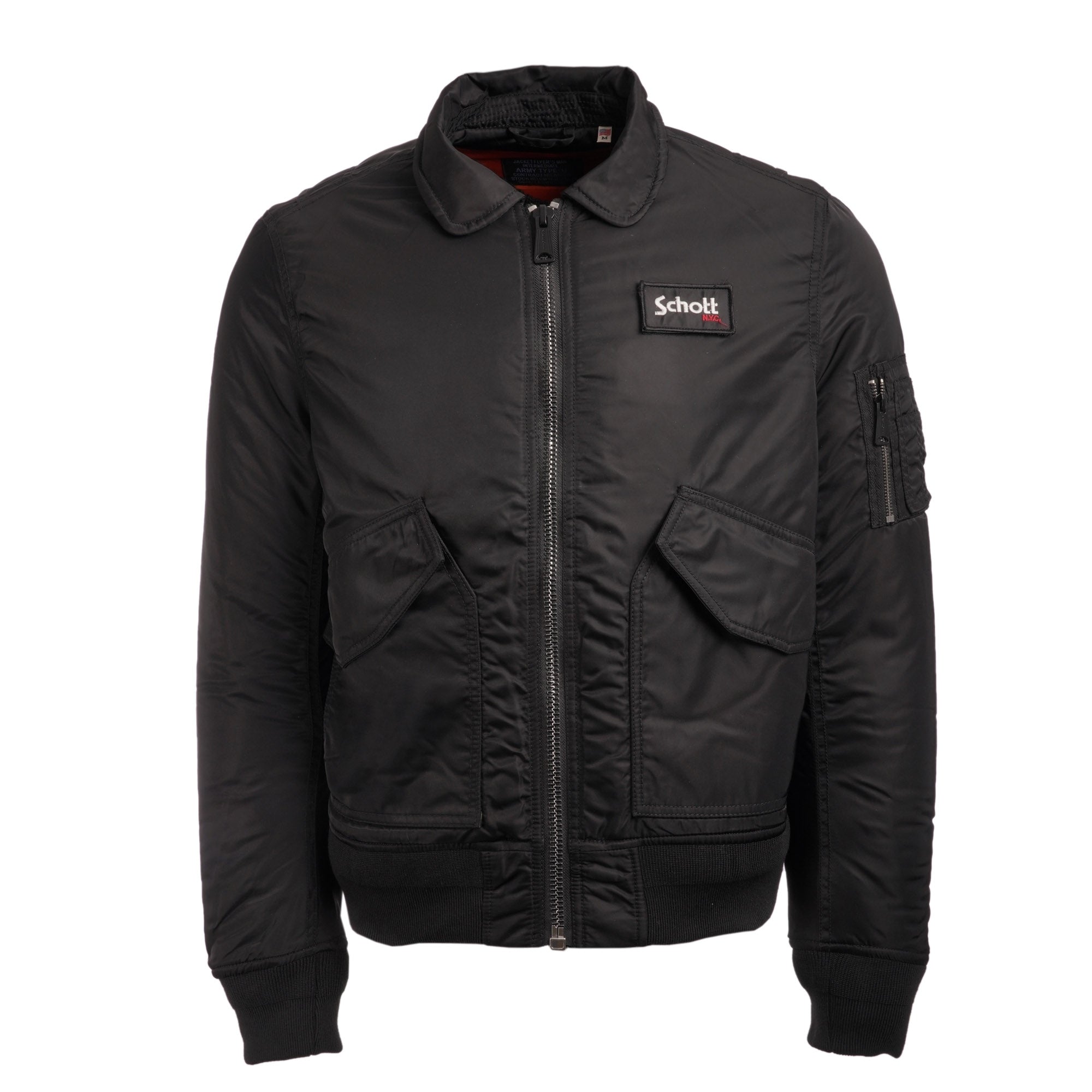 A black bomber jacket with a collar, zip closure, and two large front pockets.