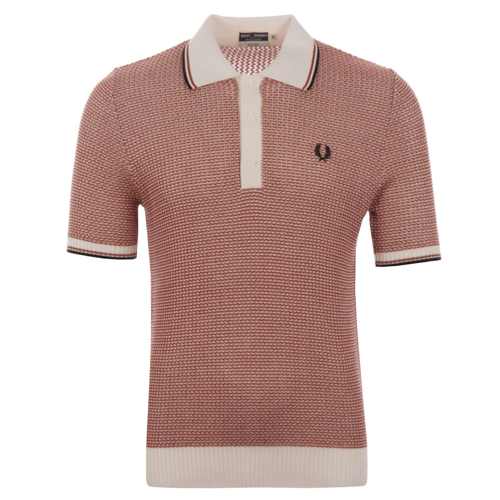 Fred Perry Reissues Two Colour Texture Knit Polo Shirt - Snow White & Paprika
