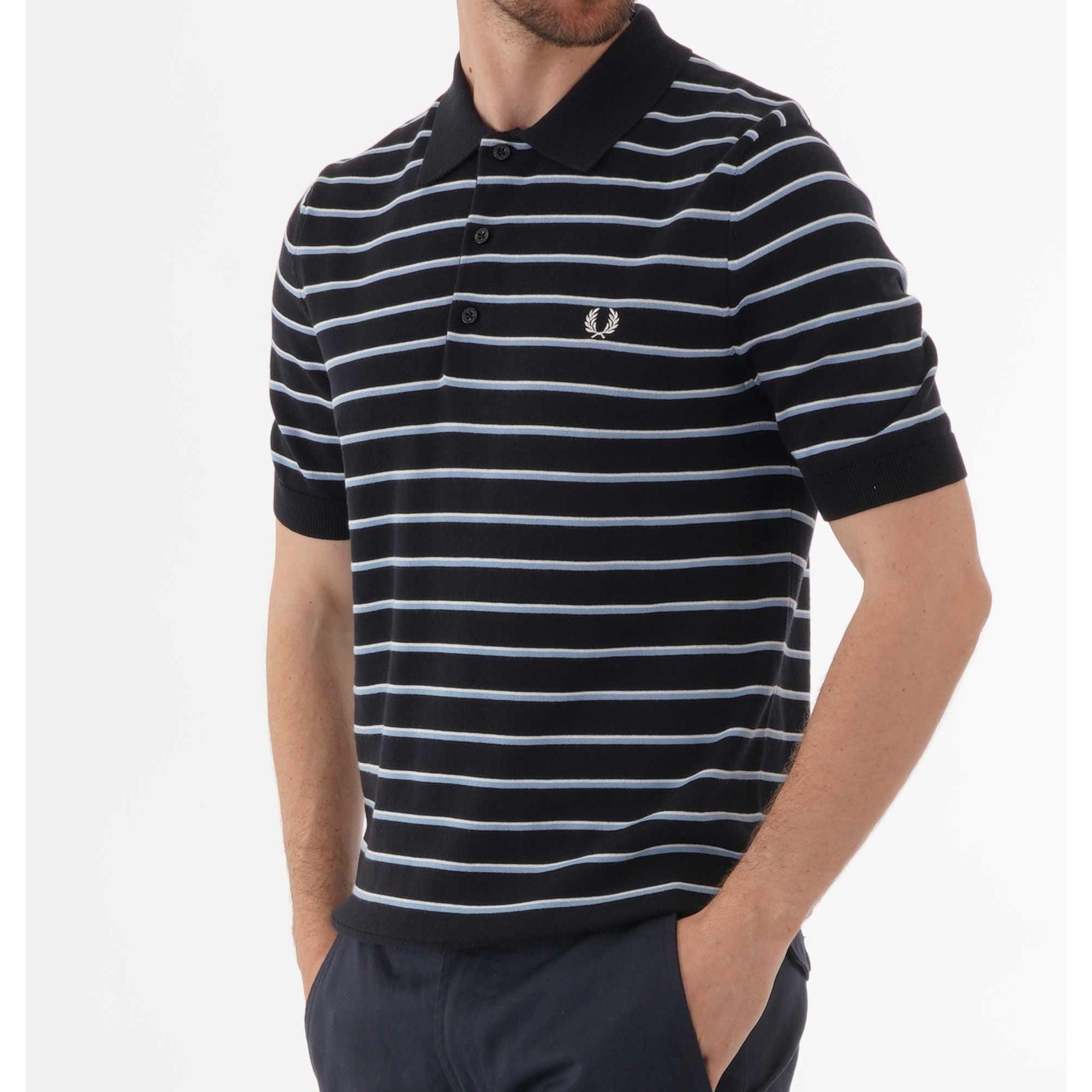 Fred Perry Fine Stripe Knitted Polo Shirt - Navy