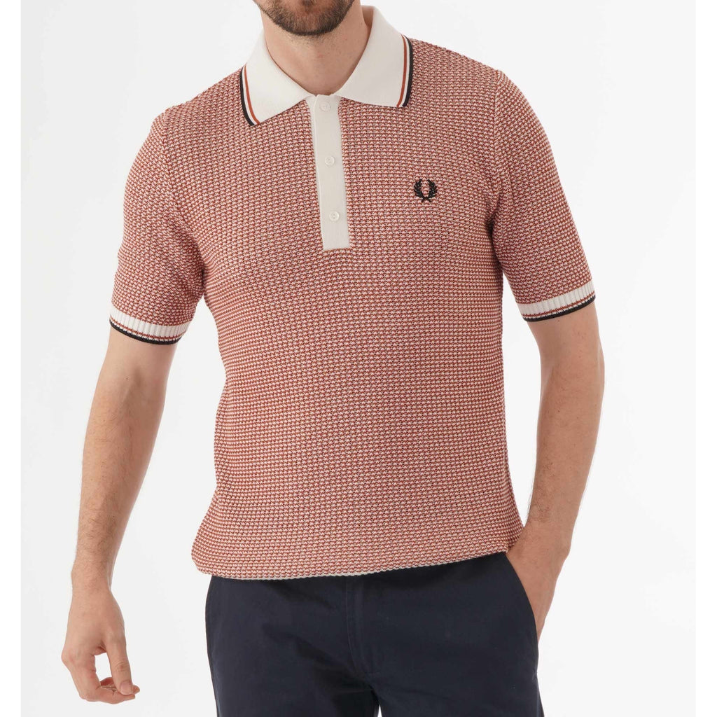 Fred Perry Reissues Two Colour Texture Knit Polo Shirt - Snow White & Paprika