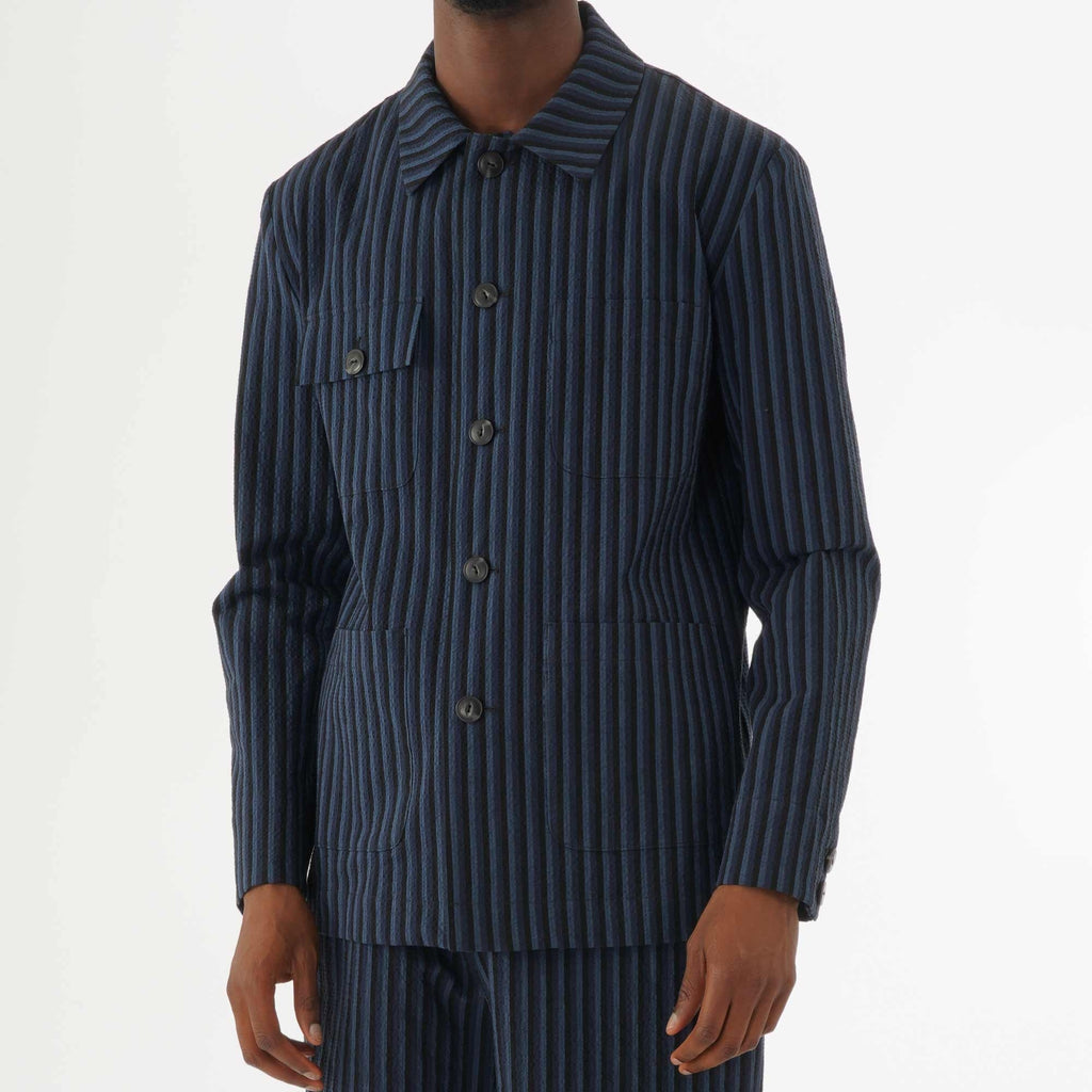 Maison Kitsune Stripes Seersucker Worker Jacket - Navy