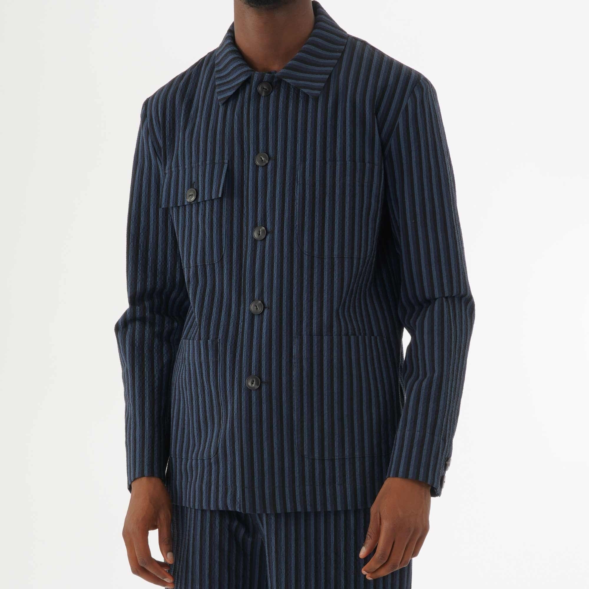 Maison Kitsune Stripes Seersucker Worker Jacket - Navy
