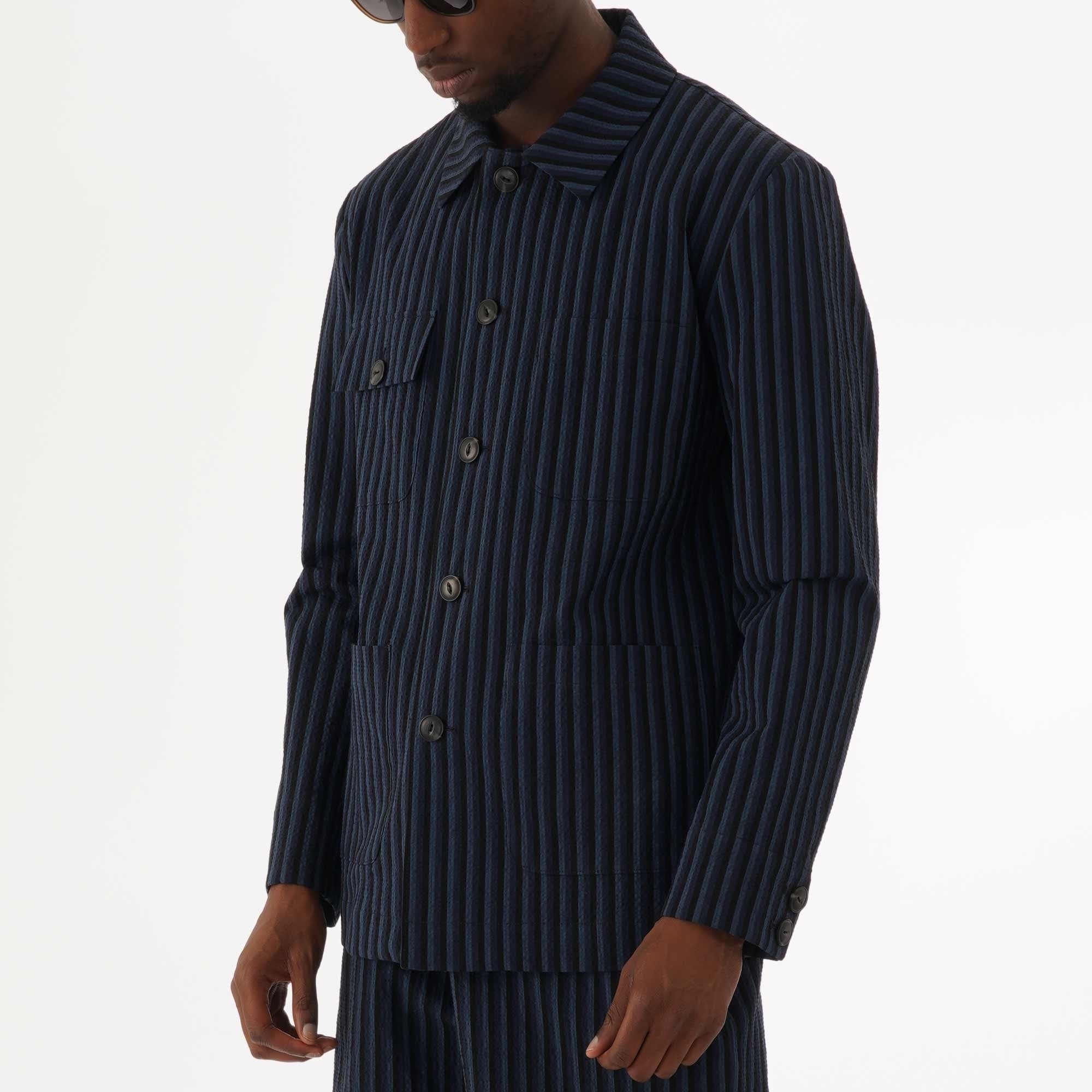 Maison Kitsune Stripes Seersucker Worker Jacket - Navy
