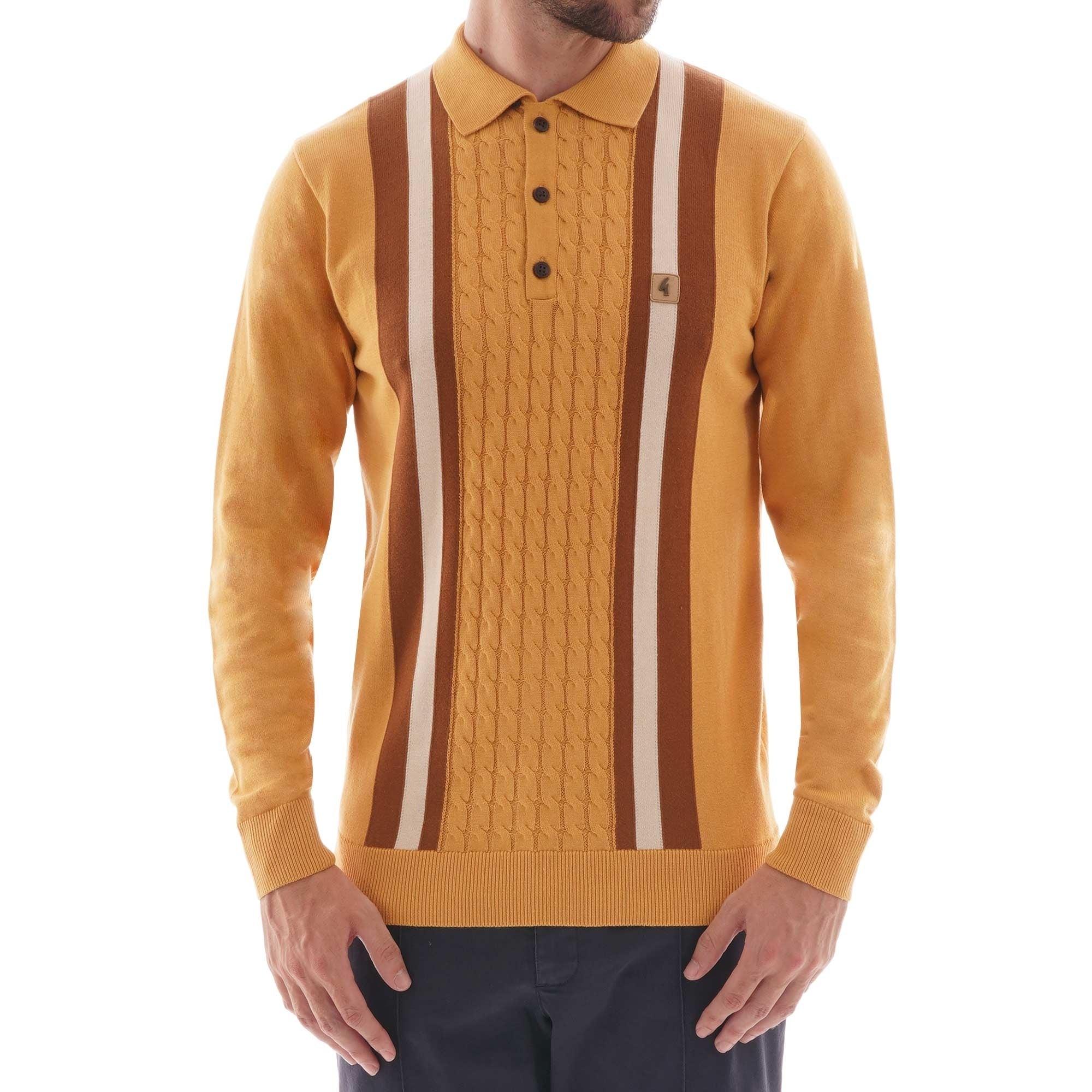 Gabicci Vintage Cable Knit Long Sleeve Polo Shirt - Honeycomb