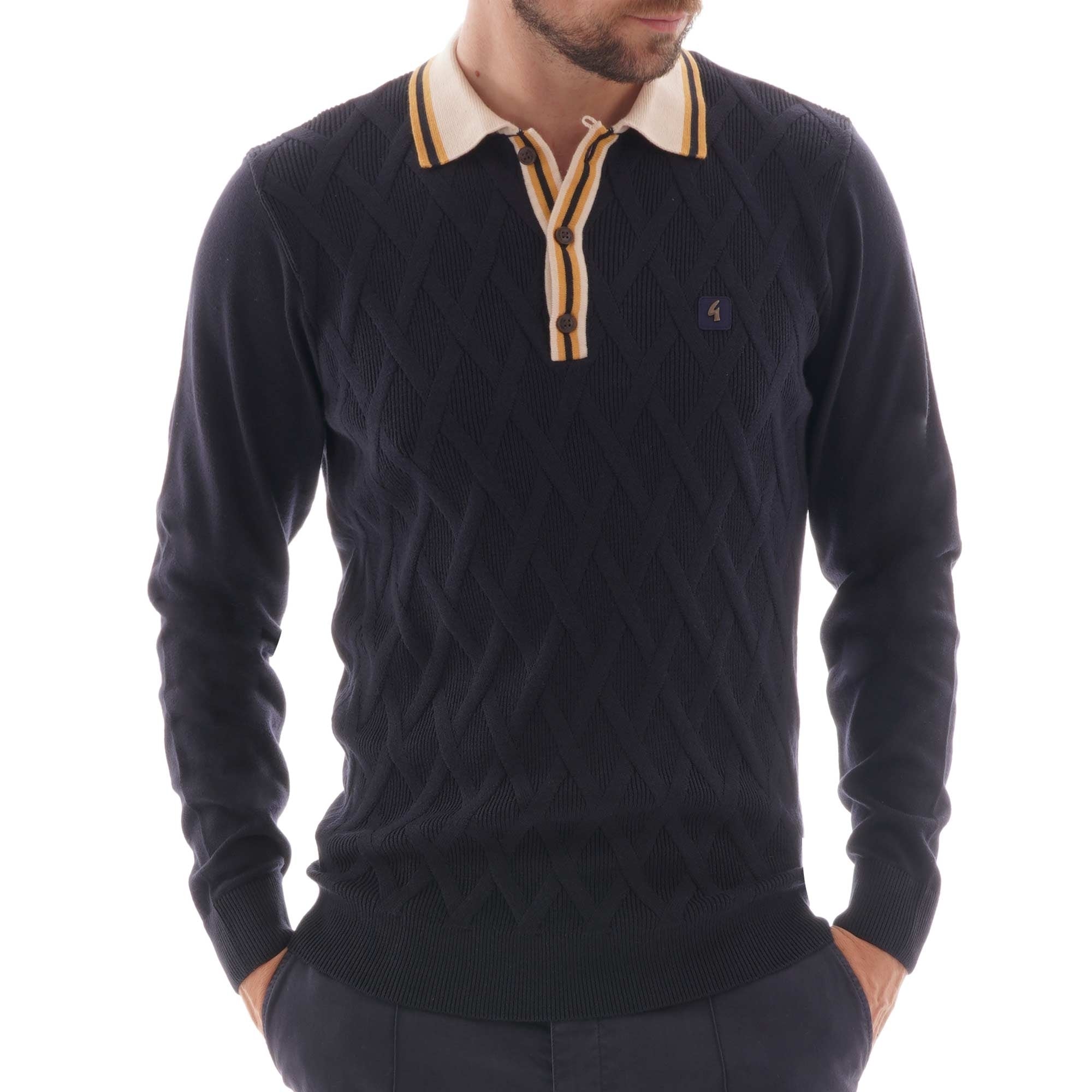 Gabicci Vintage Knitted Bretton Polo Shirt - Navy