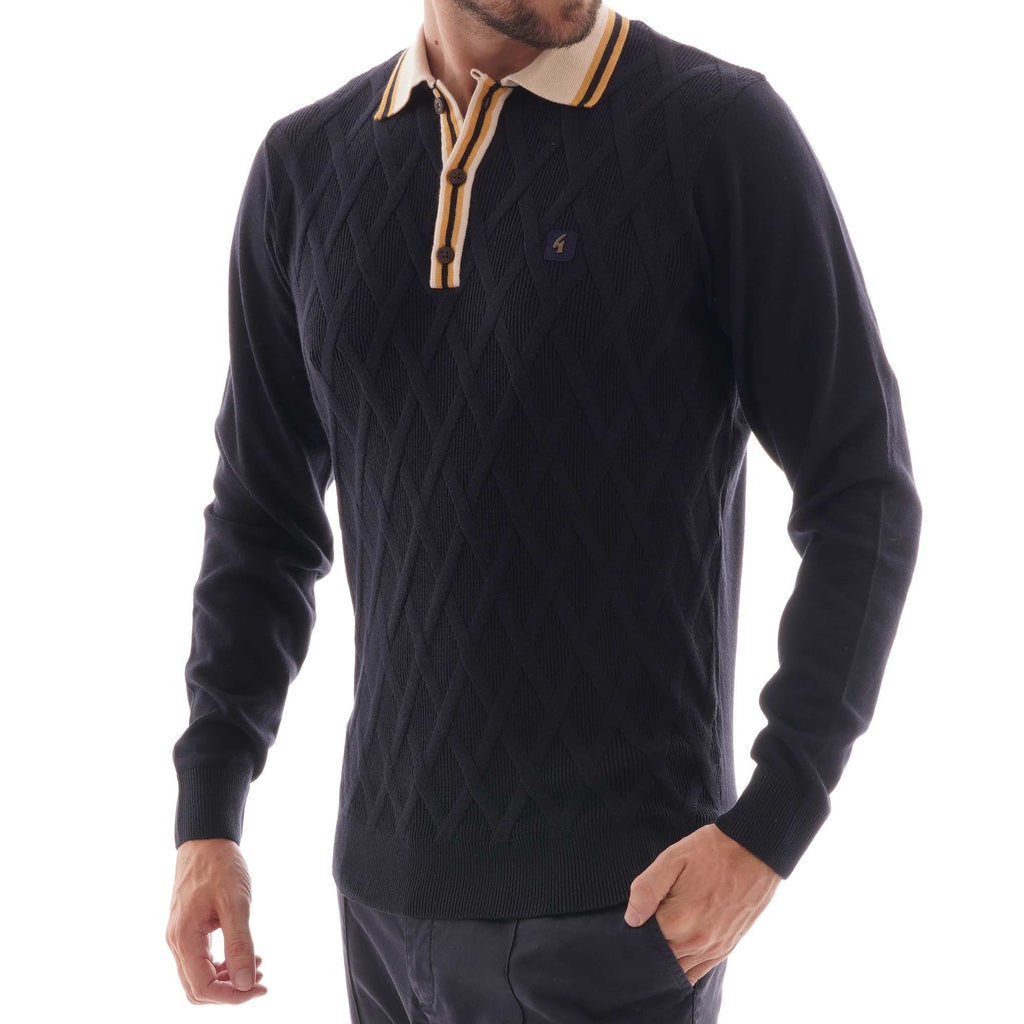 Gabicci Vintage Knitted Bretton Polo Shirt - Navy