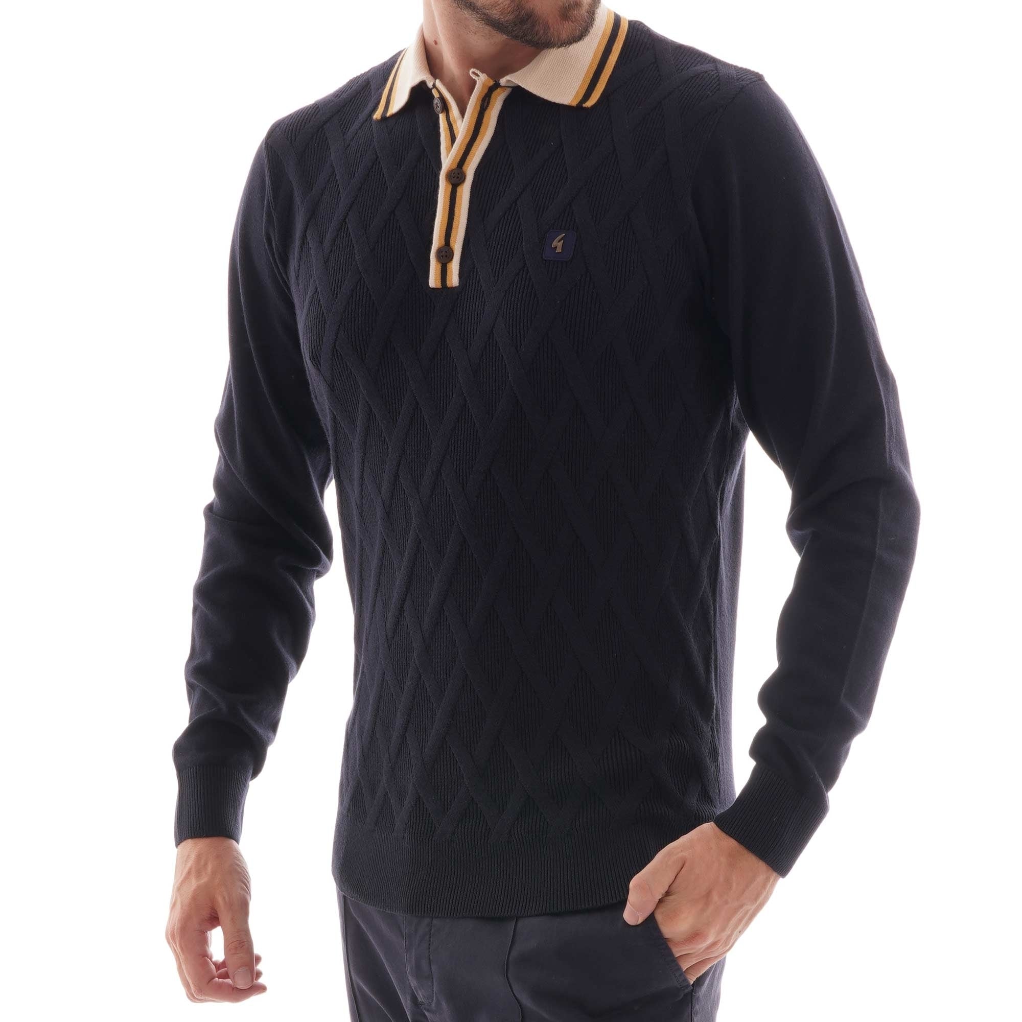 Gabicci Vintage Knitted Bretton Polo Shirt - Navy