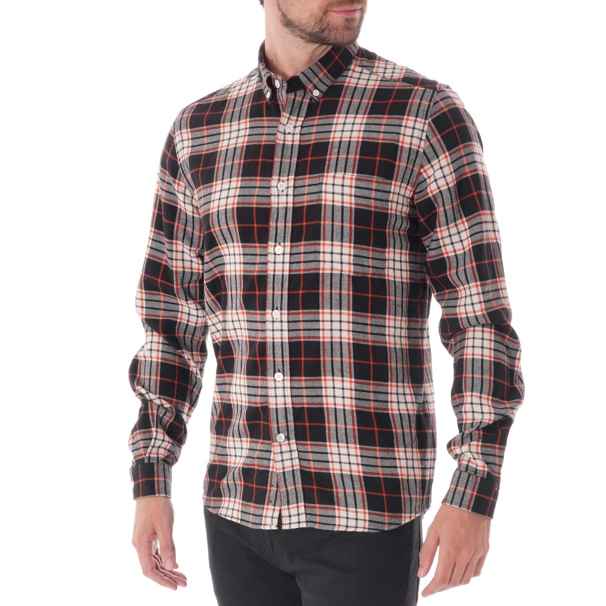 AMI Button Down Flannel Shirt - White/Orange Check