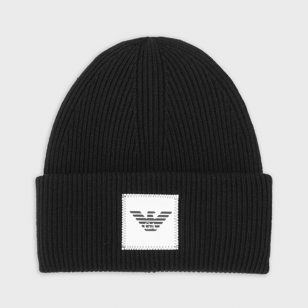 Emporio Armani Rib-knit Beanie with Logo Badge - Black