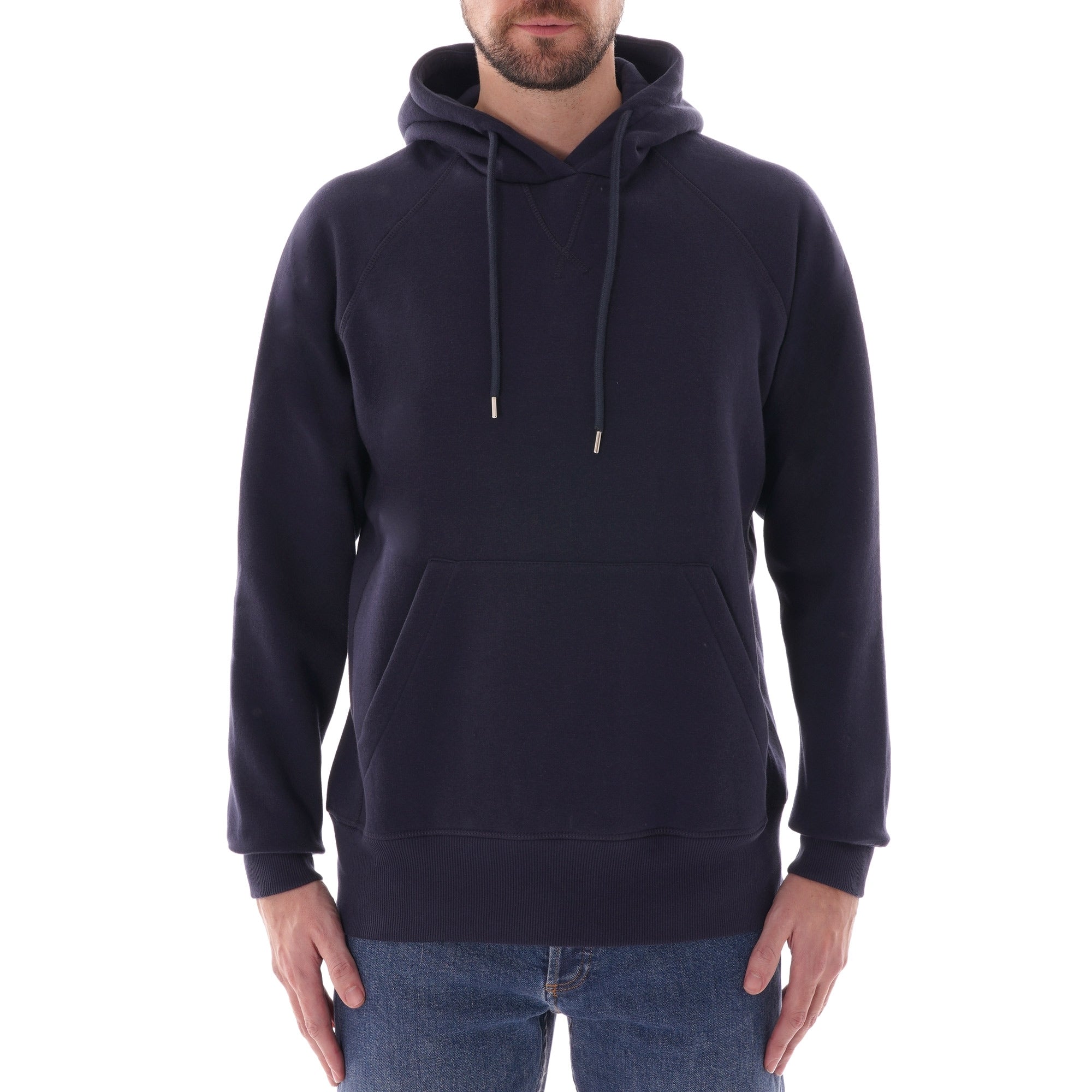 A man models a C17 Jeans raglan sleeve hoodie in navy.