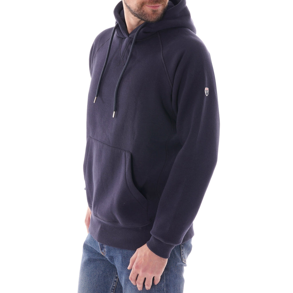 Side view of a man modelling a C17 Jeans raglan sleeve hoodie in navy.