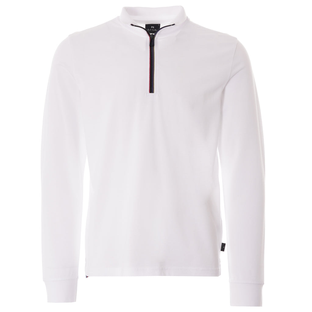 Paul Smith Long Sleeve Polo Shirt with 'Sports Stripe' Half Zip - White