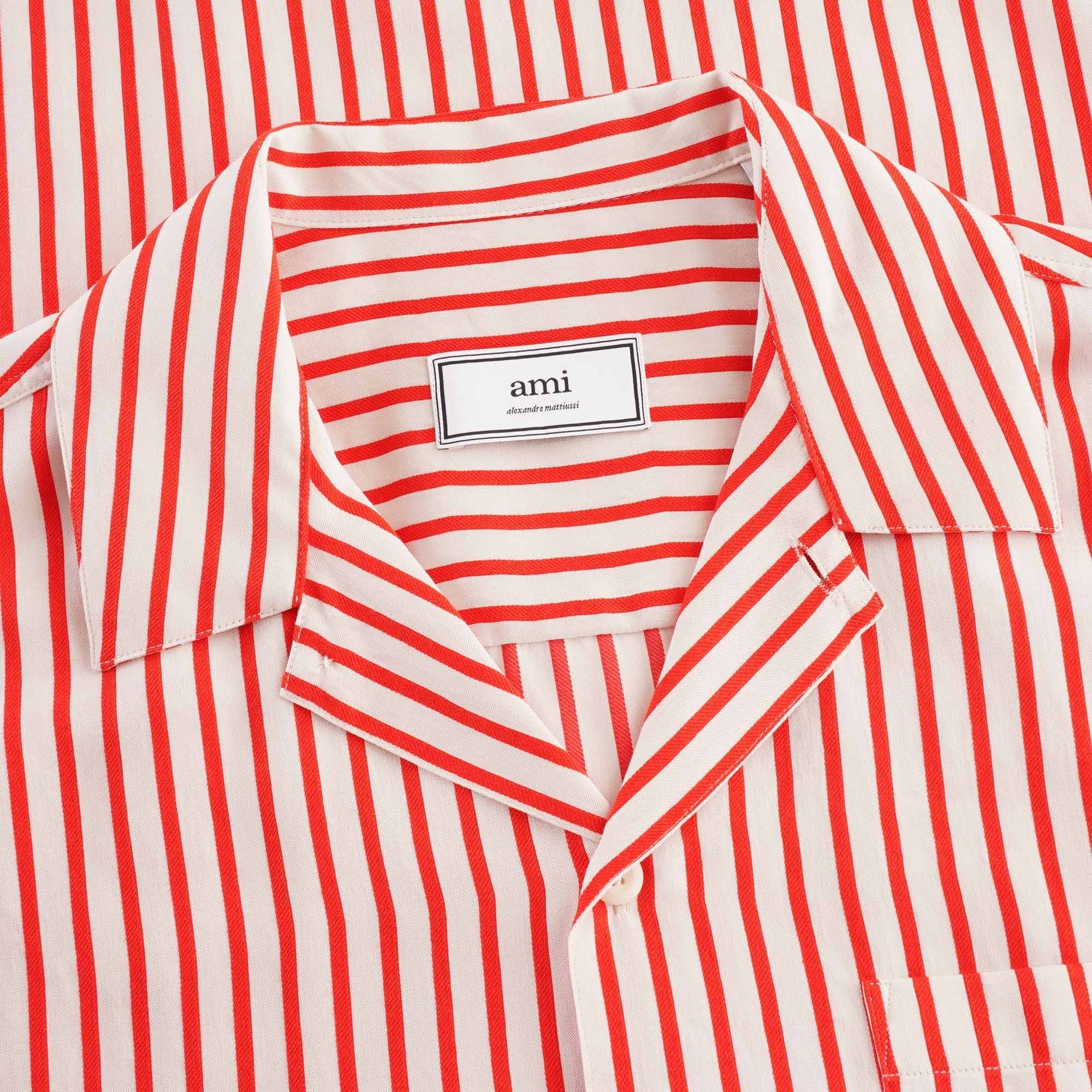 AMI Striped Short Sleeve Shirt - White/Red