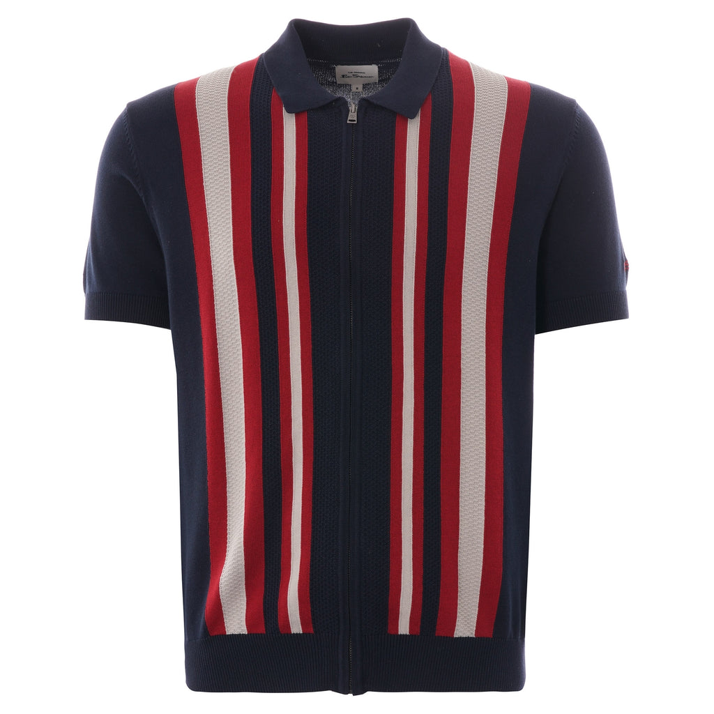 Ben Sherman Textured Stripe Zip Through Polo - Dark Navy
