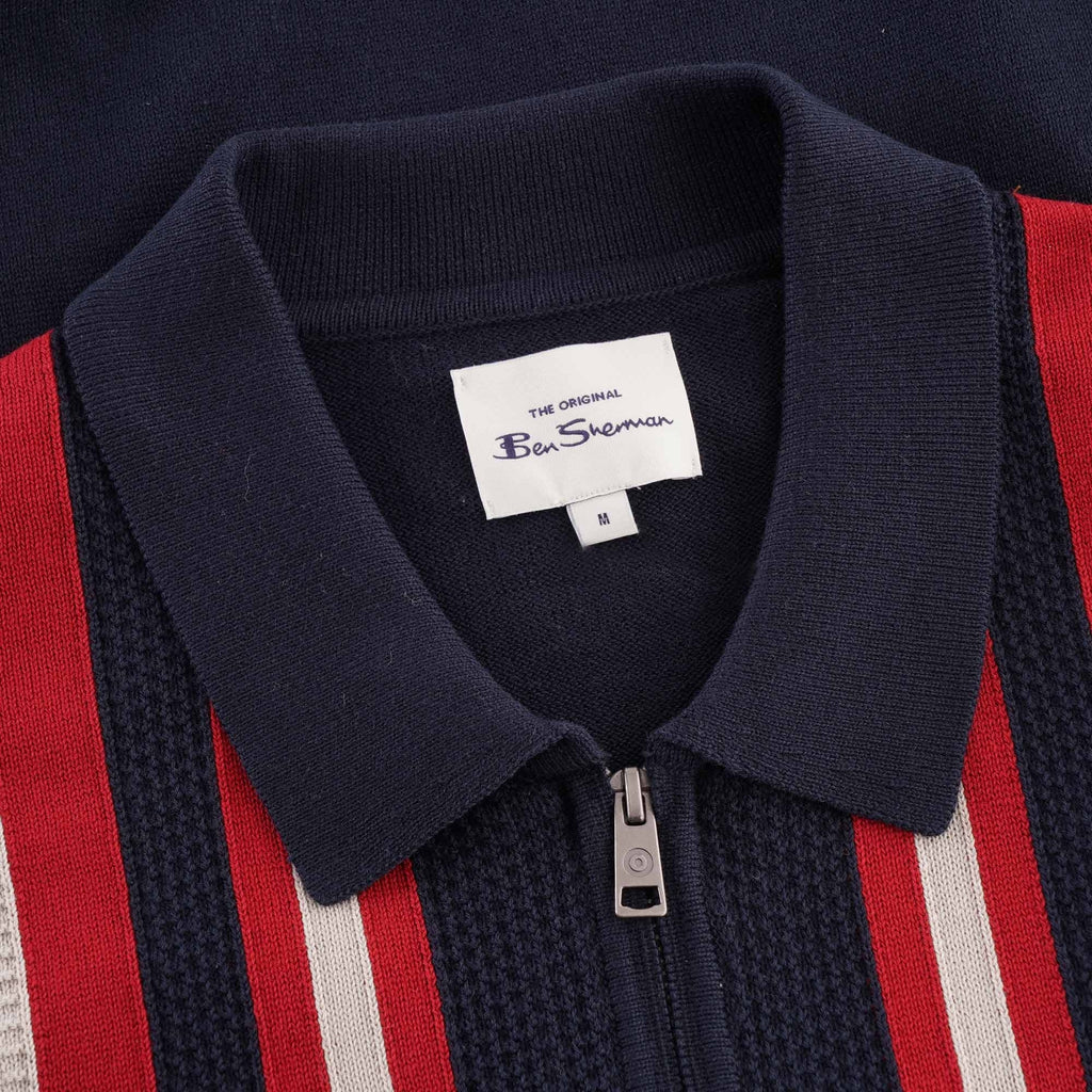 Ben Sherman Textured Stripe Zip Through Polo - Dark Navy