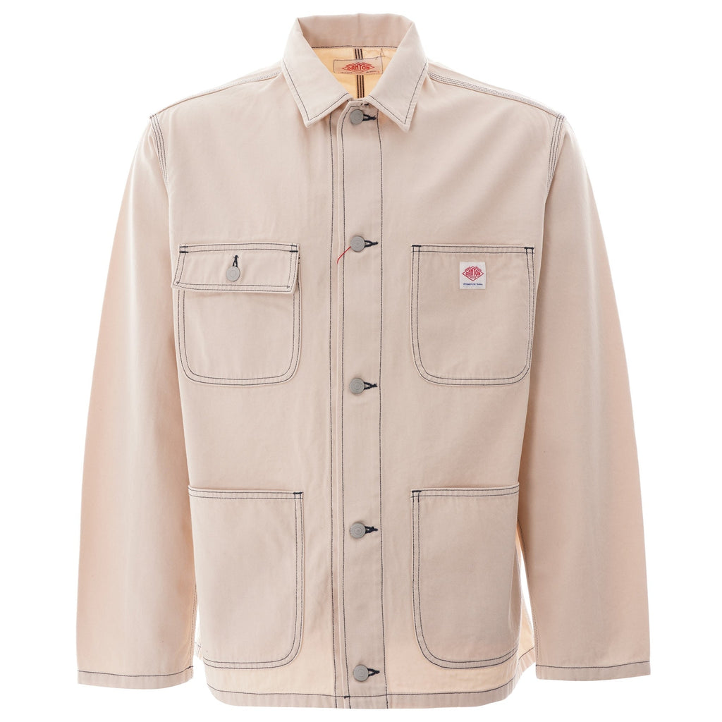 A beige Danton jacket on a white background, featuring large pockets and contrasting stitching.