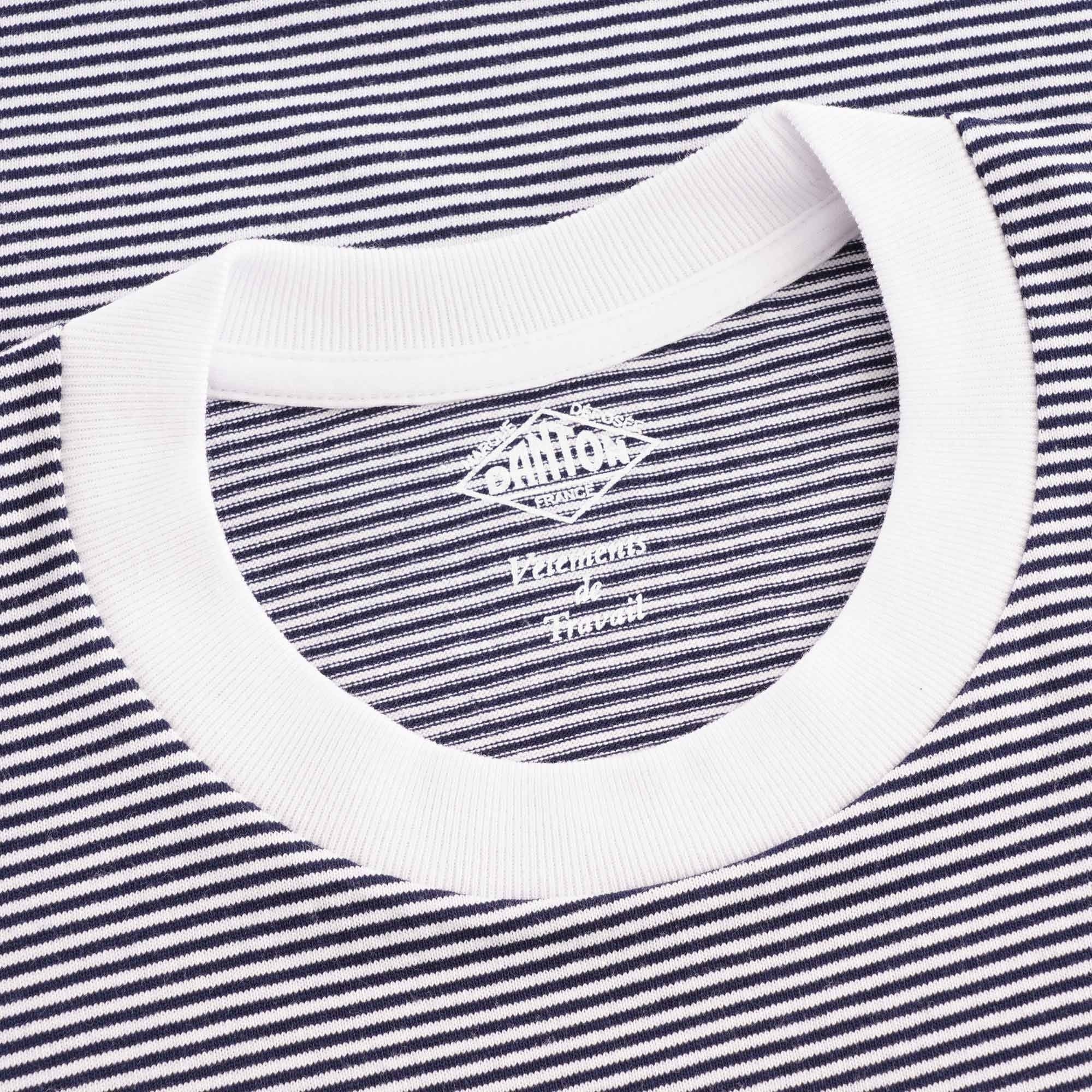 Close-up of the T-shirt's collar, showing a white band and striped fabric with a visible label.