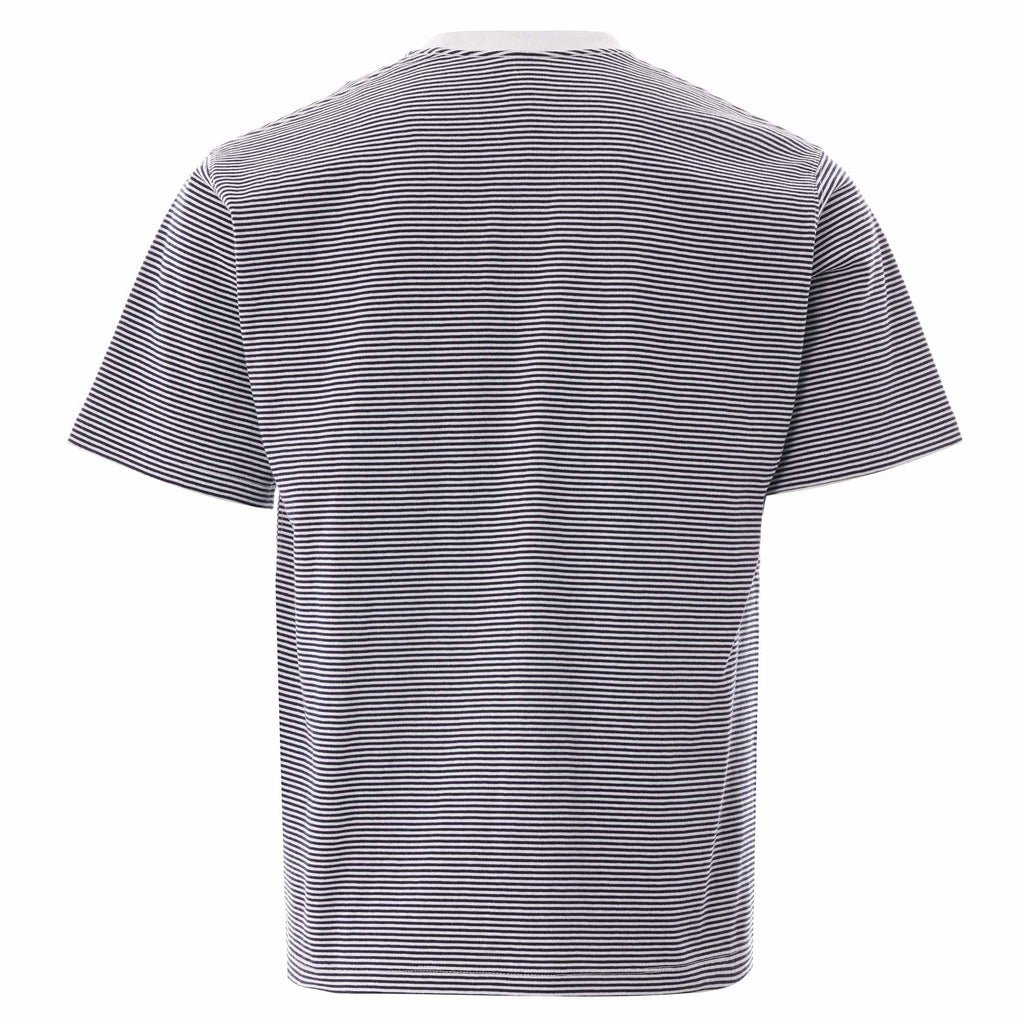 Back view of the striped T-shirt in grey and white with a white collar.
