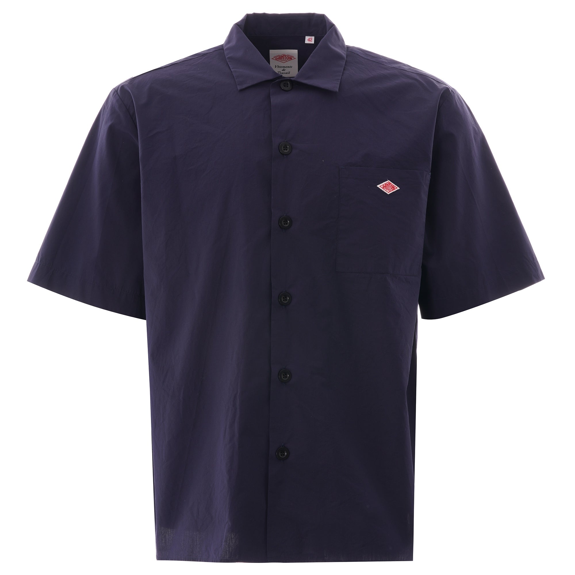 Navy blue short-sleeved shirt with a small red diamond logo on the left chest. This is a front view.