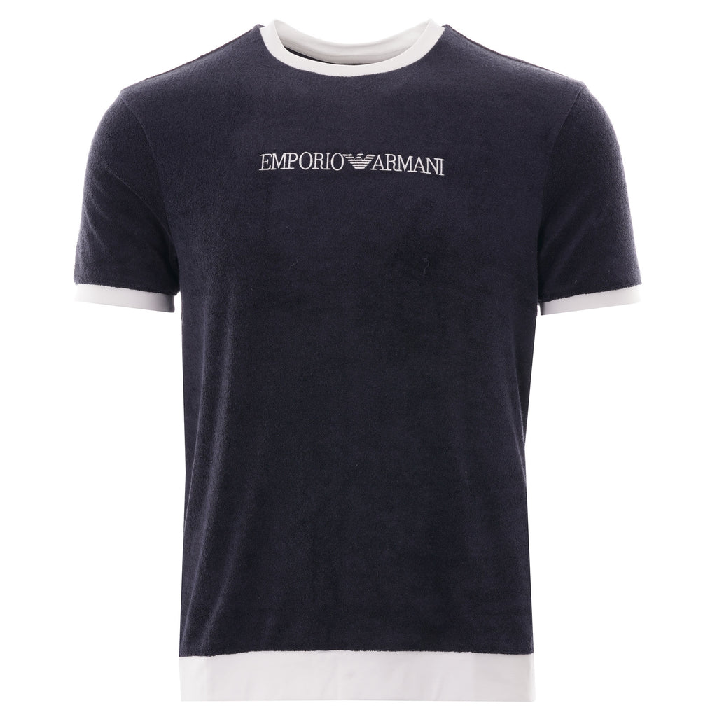 Emporio Armani Logo Print Cotton Towelling T Shirt - Blue
