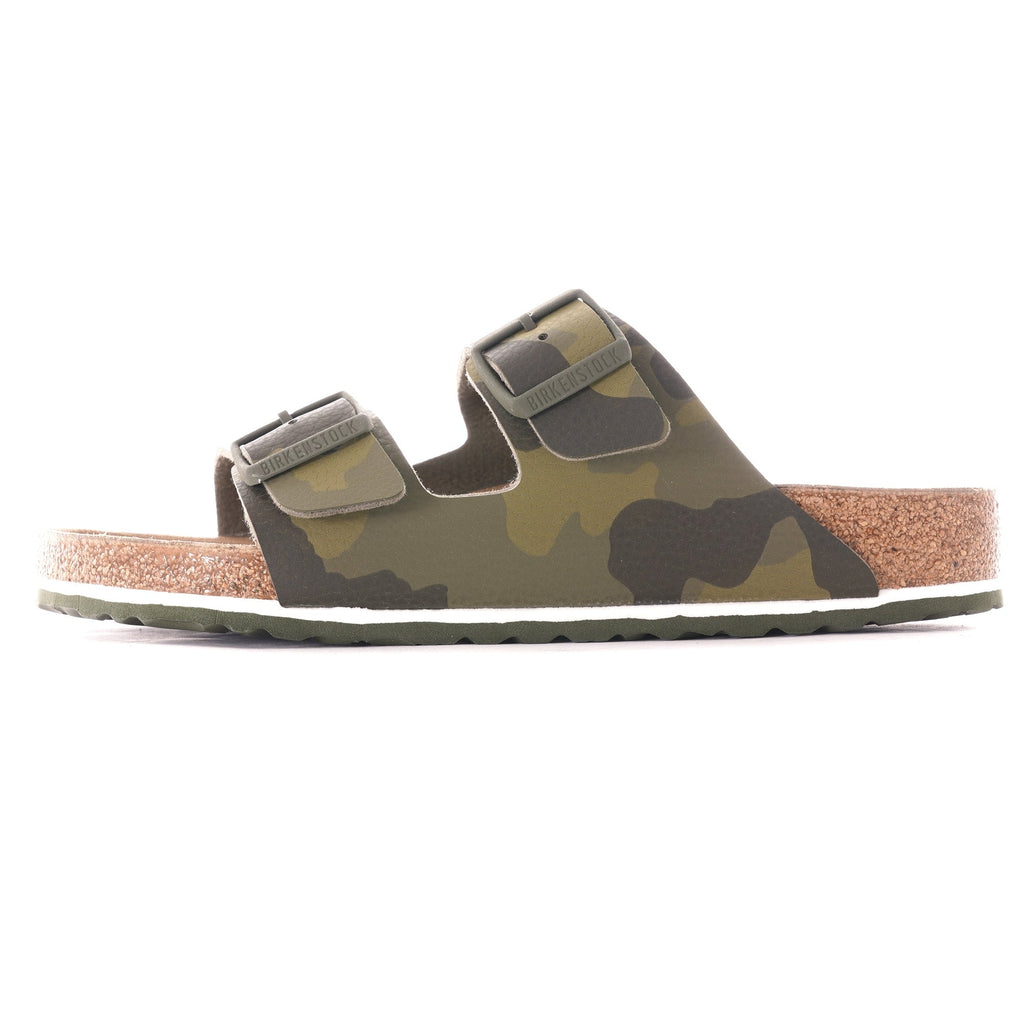 Side profile of an Arizona Birkenstock sandal in a green camouflage pattern.