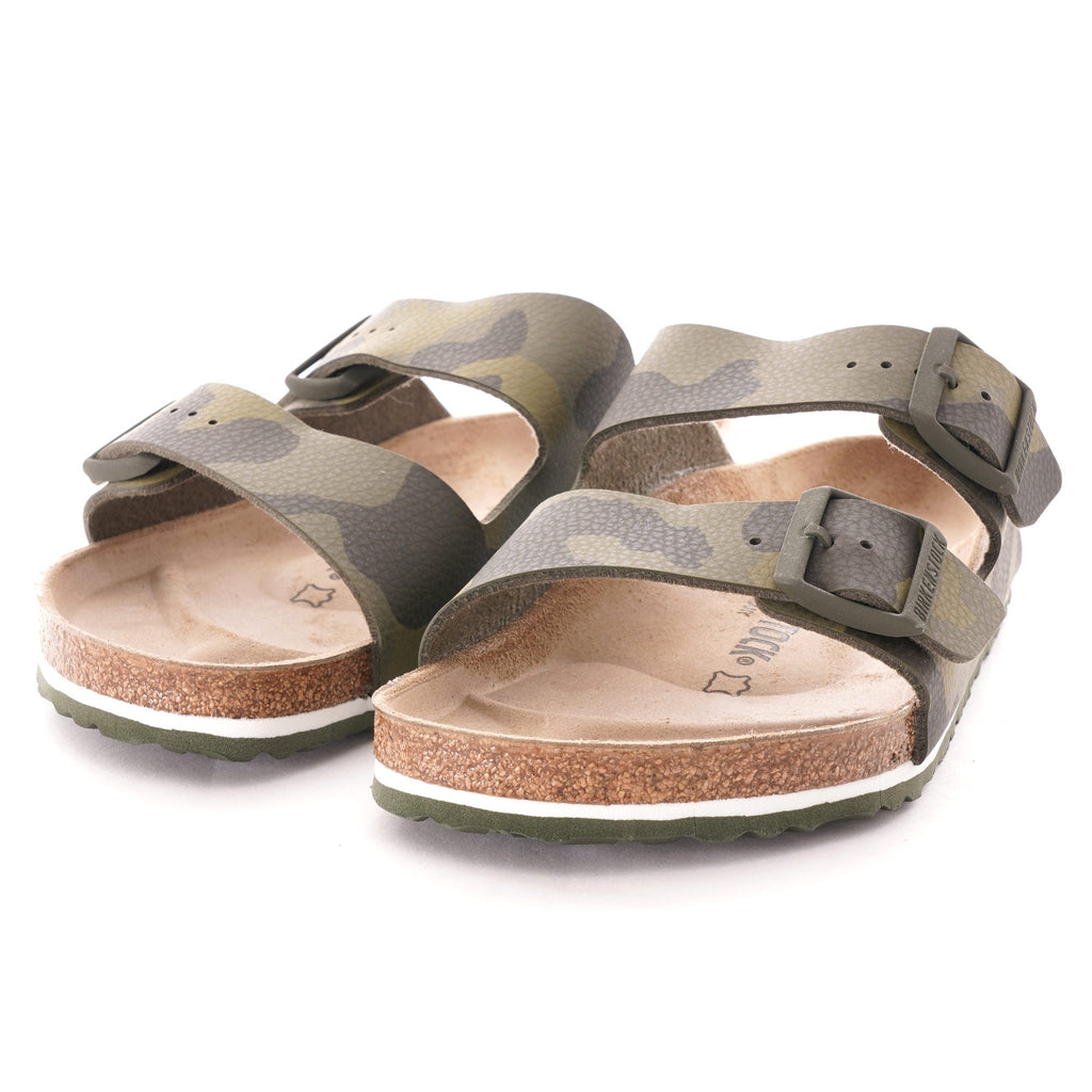 Pair of Arizona Birkenstock sandals in a green camouflage pattern, viewed from an angle.