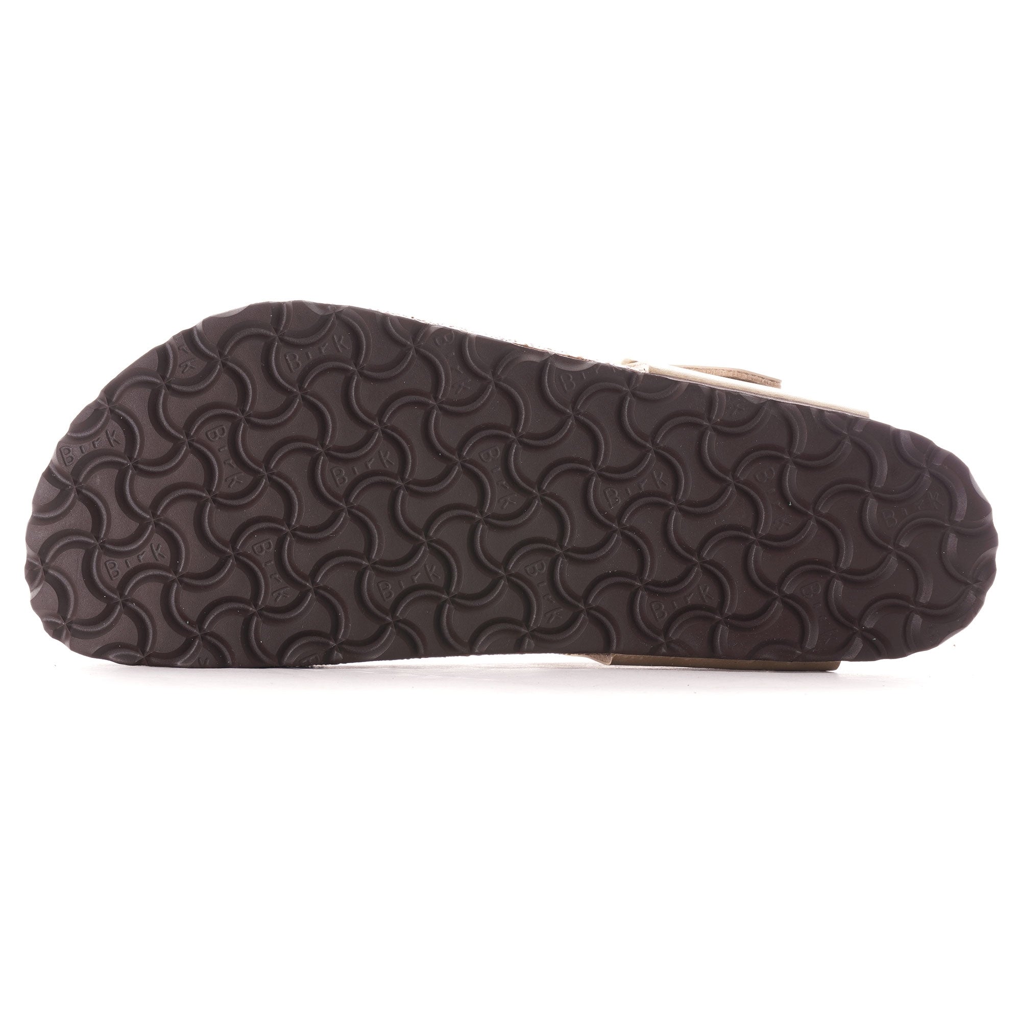 The textured dark brown sole of a Birkenstock Gizeh sandal, viewed from underneath.