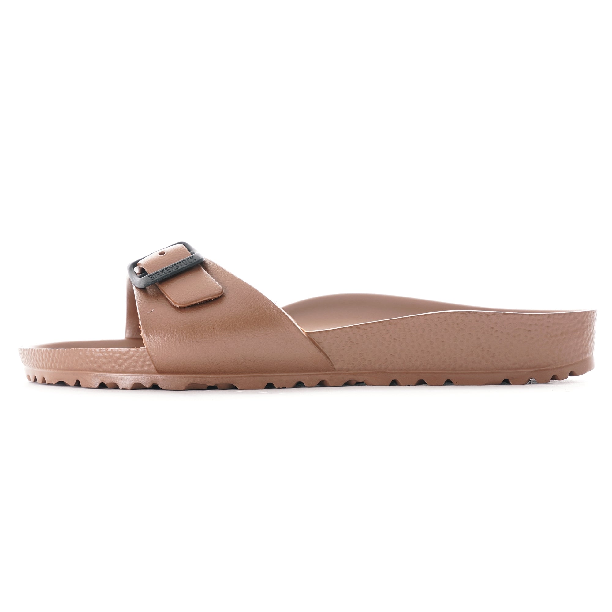 Side profile of a single brown Birkenstock Honolulu EVA sandal.
