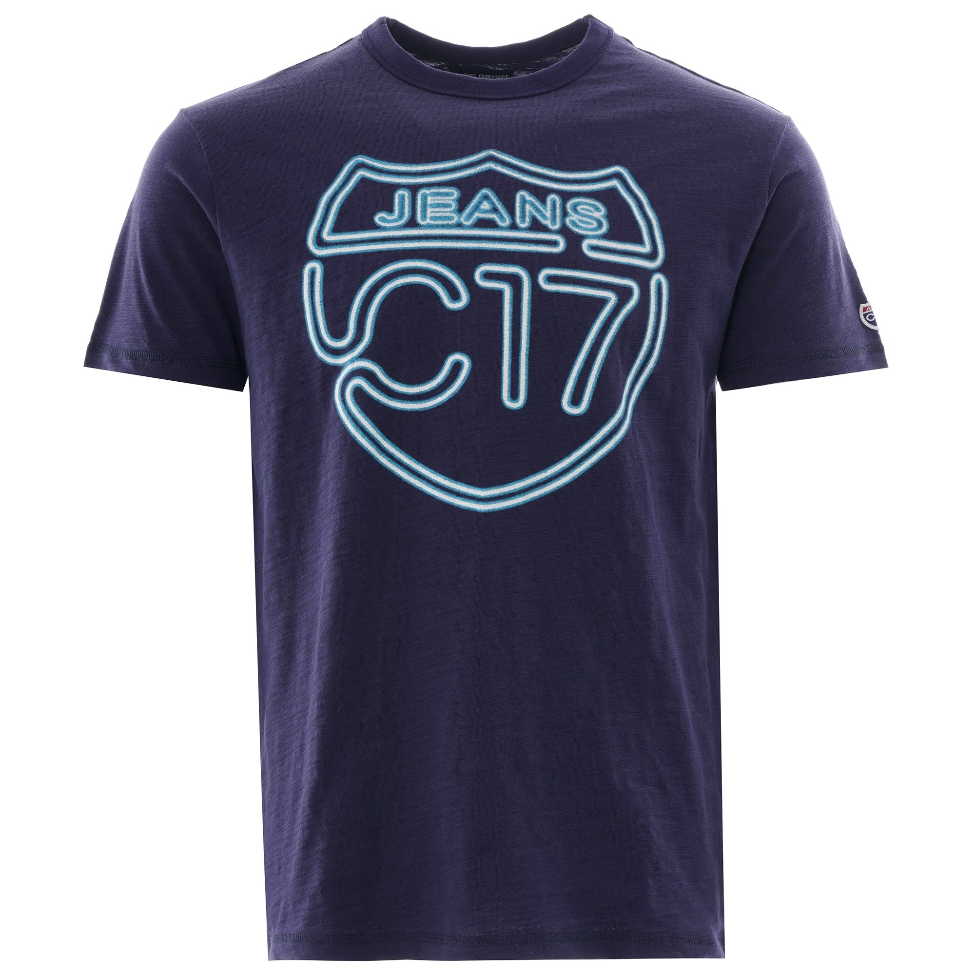 A navy C17 Jeans short sleeve t-shirt with a blue neon-style graphic on the chest.