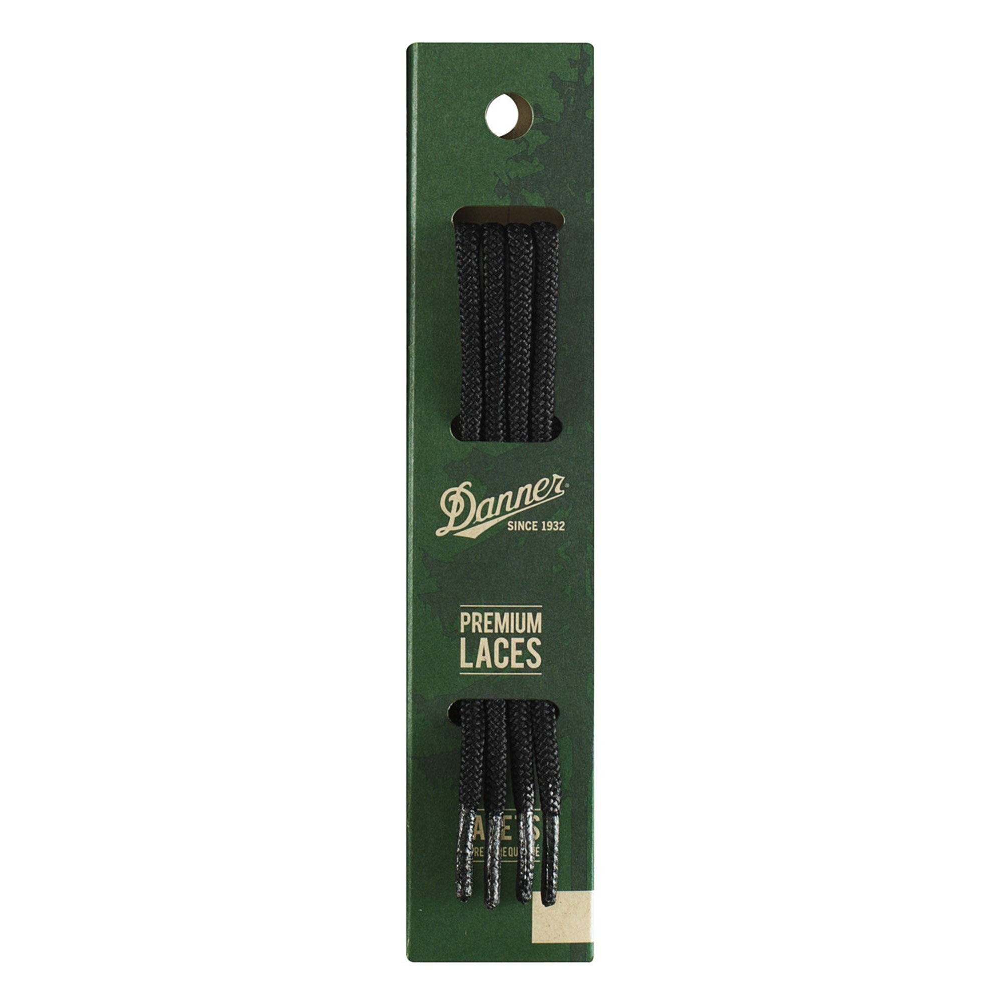 A pair of black Danner Premium Laces in their green packaging.