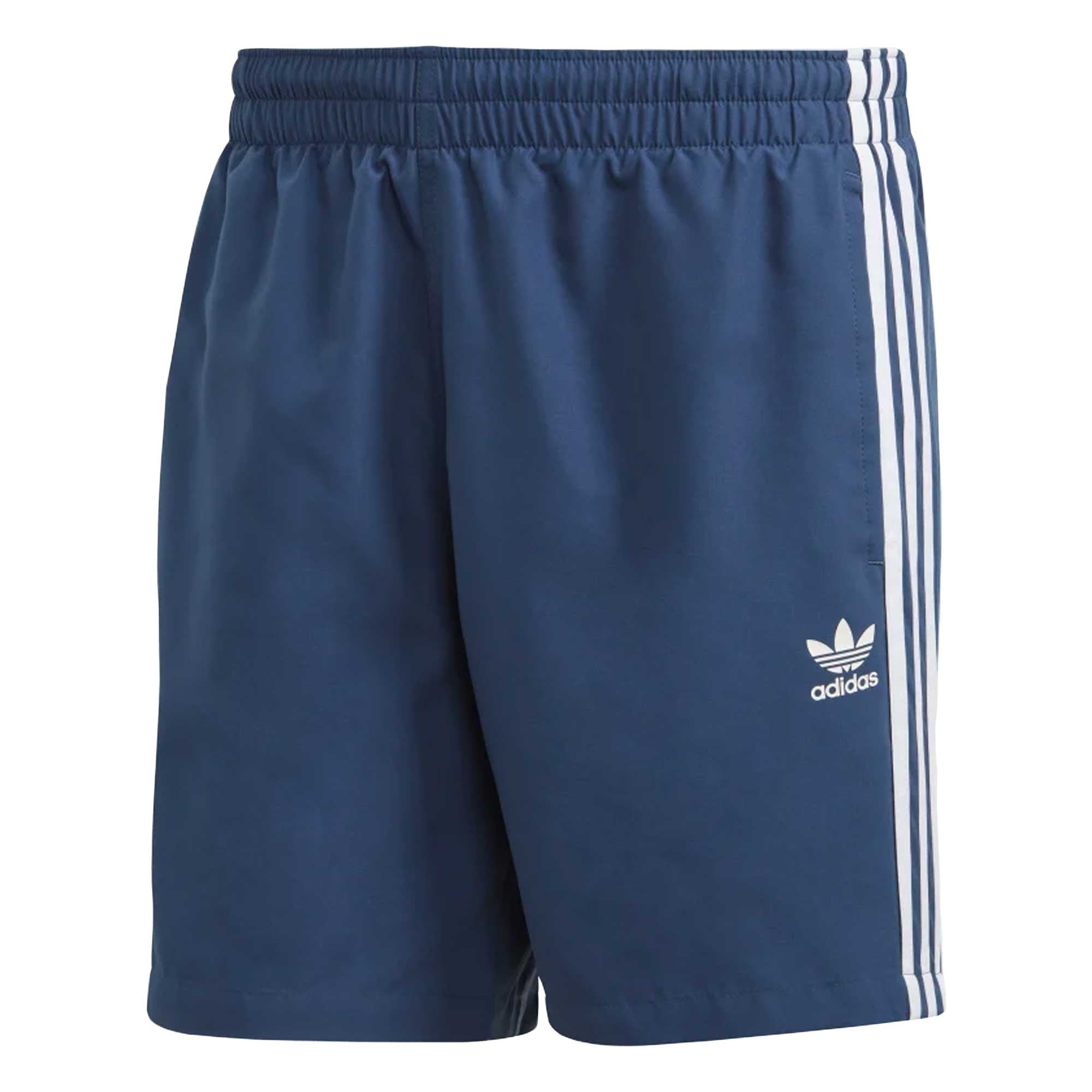 Adidas 3-Stripes swim shorts in navy blue with white stripes and logo.